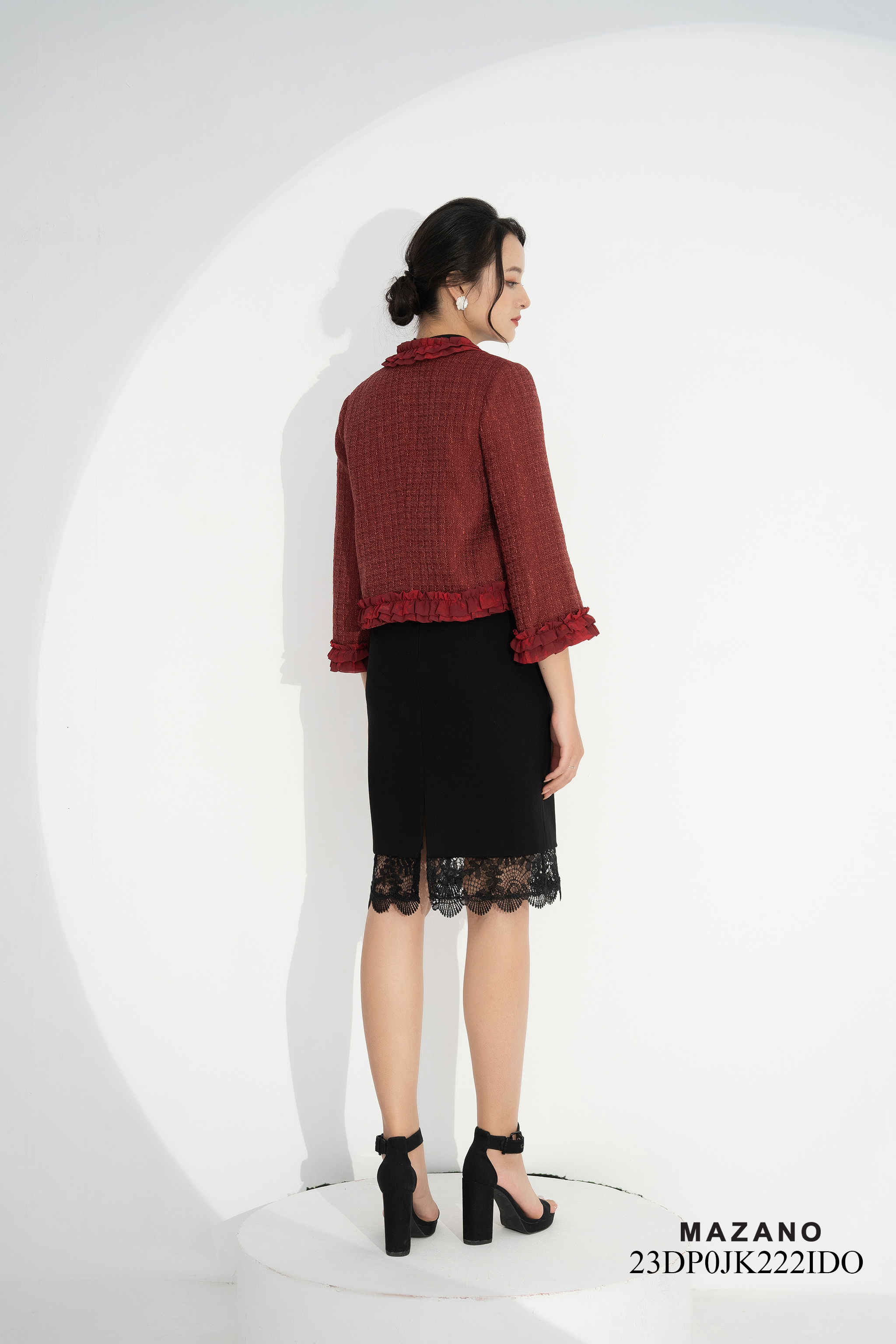 Áo khoác ngắn Suông Vải dạ tweed Trang trí bèo in họa tiết Cổ tròn Dài dưới eo_thumbnail_2