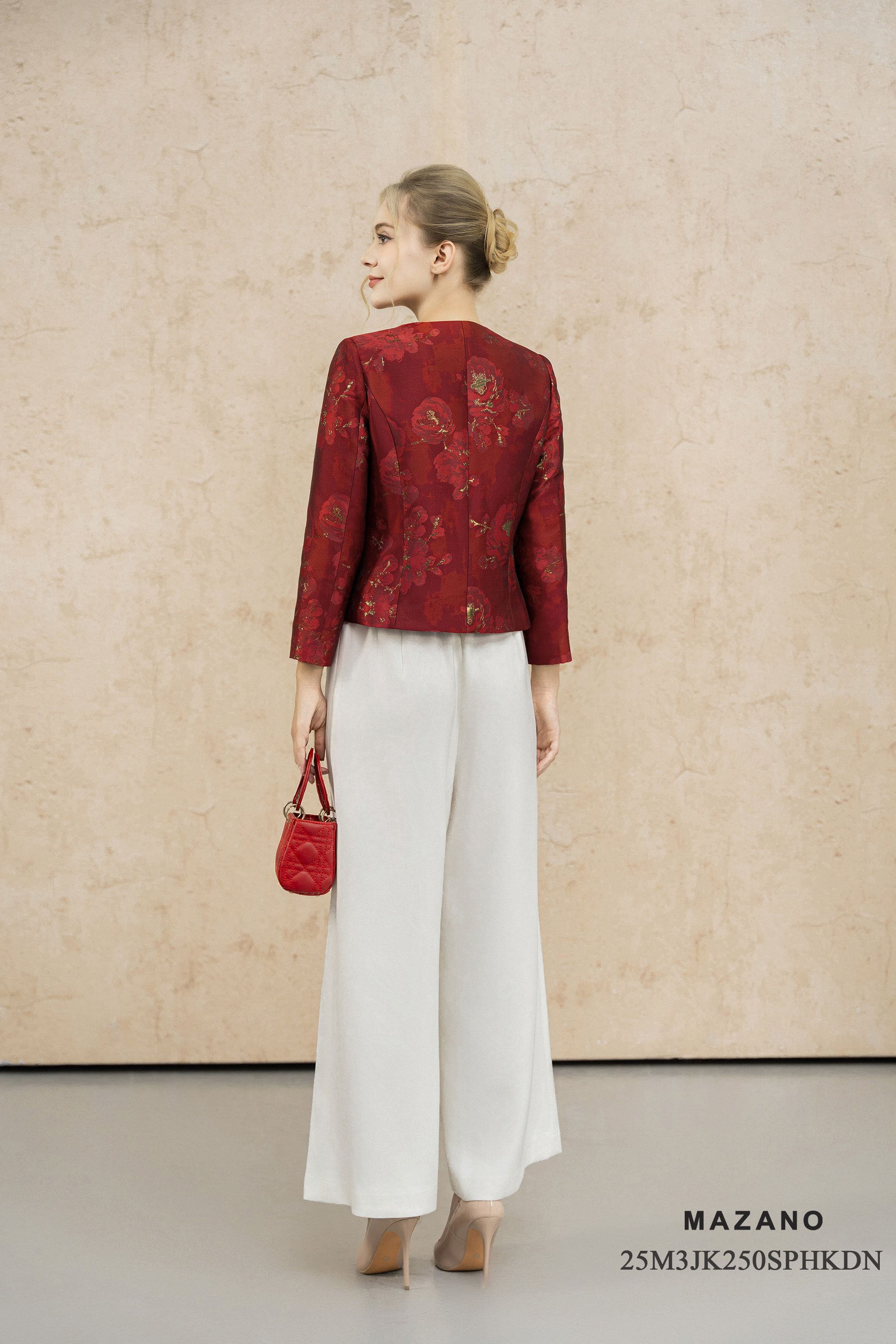 Áo khoác ngắn Vải Tafta Họa tiết hoa mẫu đơn Cổ tròn Tay dài Dài qua eo_thumbnail_4