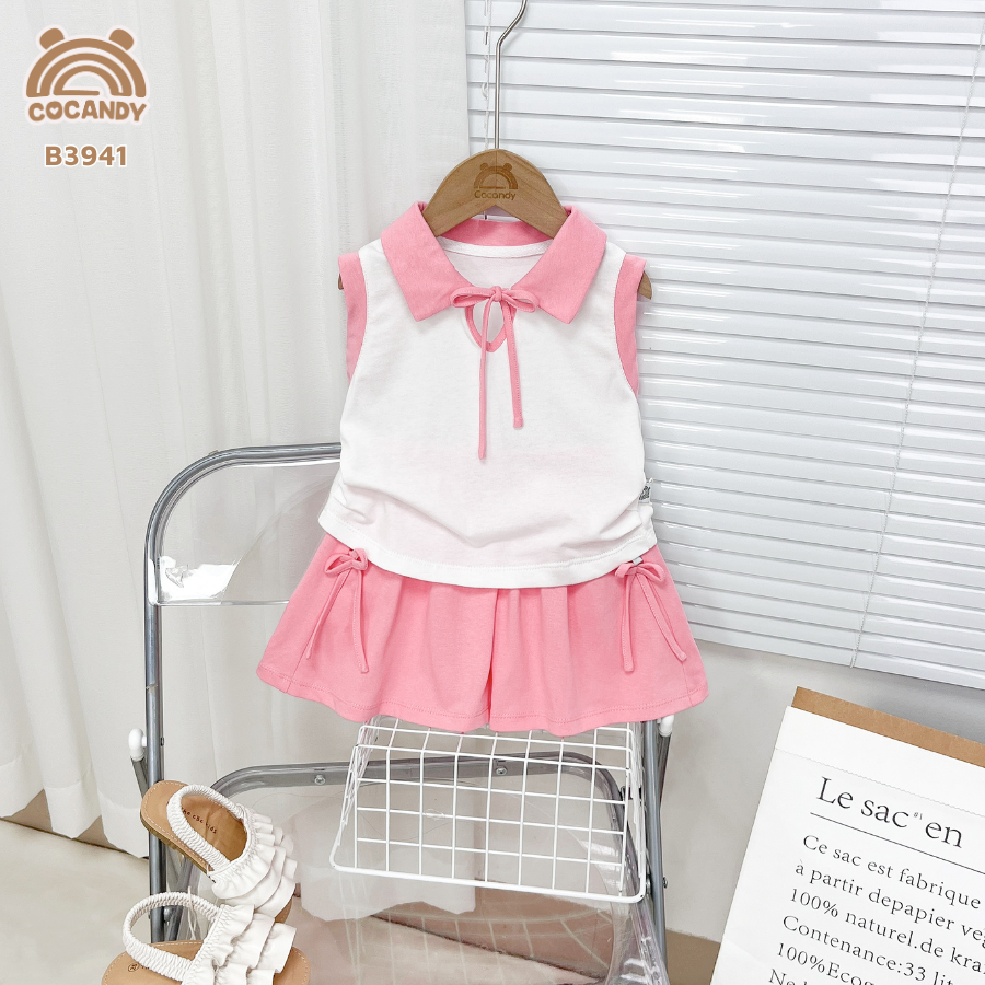 Bộ cộc ba lỗ HỒNG TRẮNG cổ V thắt nơ