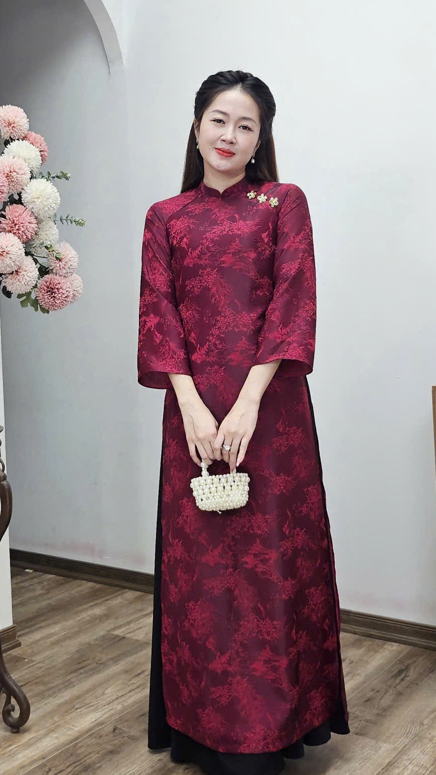 CT331 áo dài cách Tân cổ 2p tay loe dài tơ tằm tím hồng