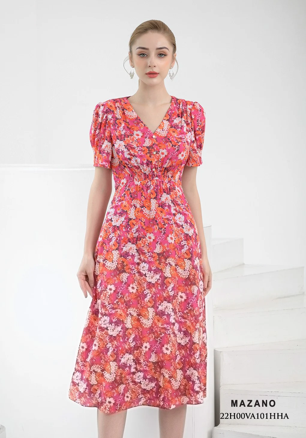 Đầm hồng họa tiết chun eo cổ tim_thumbnail_1