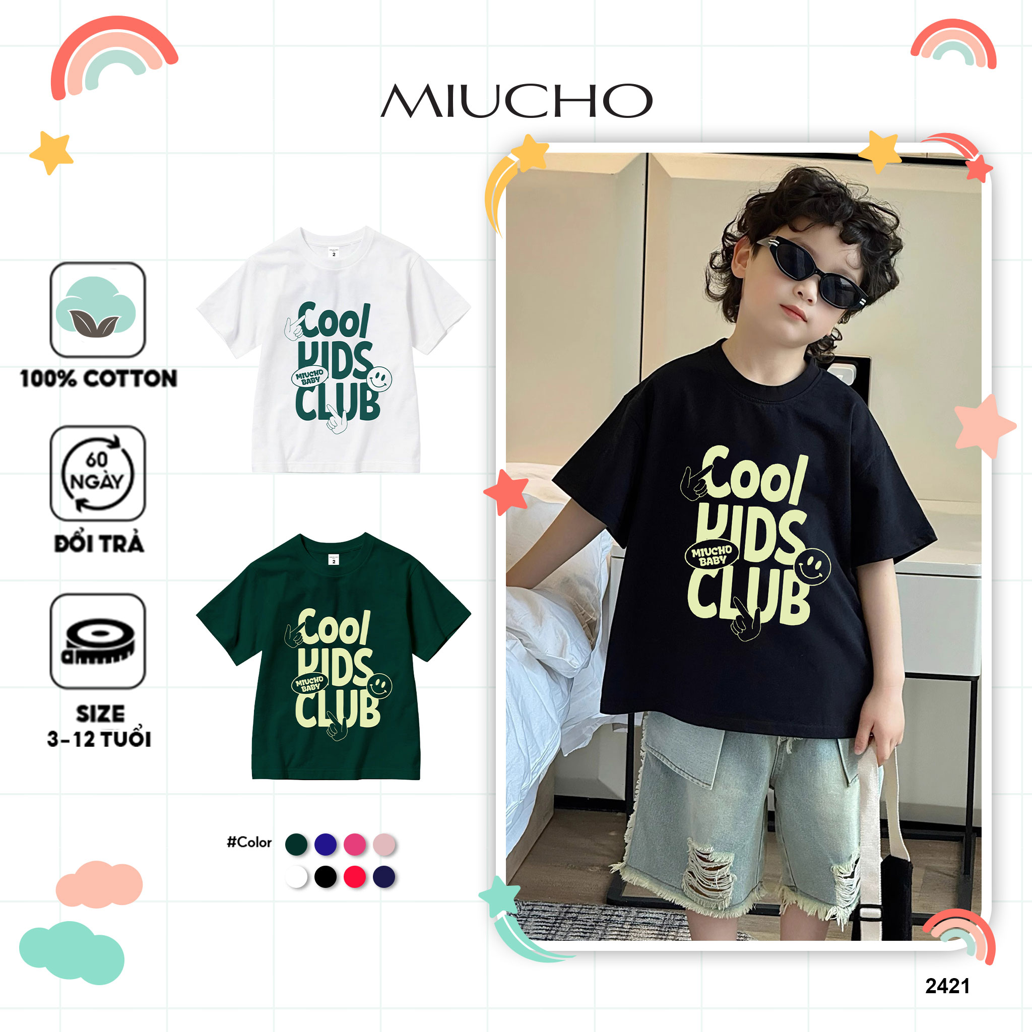 Áo thun cho bé chất vải cao cấp thoáng mát AED2421 Miucho Kid phong cách Hàn Quốc cổ tròn in mix