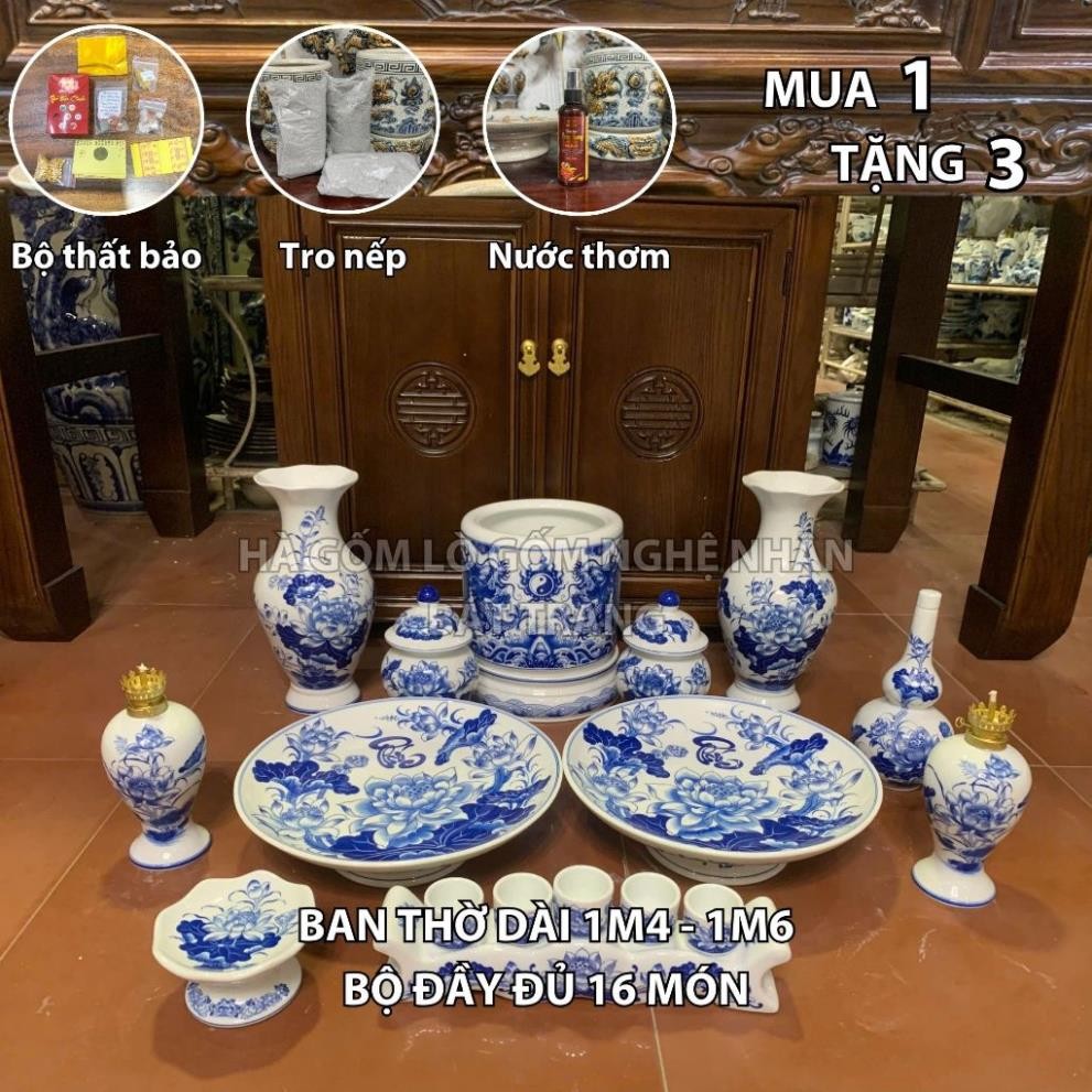 HG274 Đồ Thờ Cúng Bộ 16 món ban thờ 1M4 - 1M6 men trắng nghệ nhân Bát Tràng chế tác TẶNG Thất Bảo, Tro Nếp