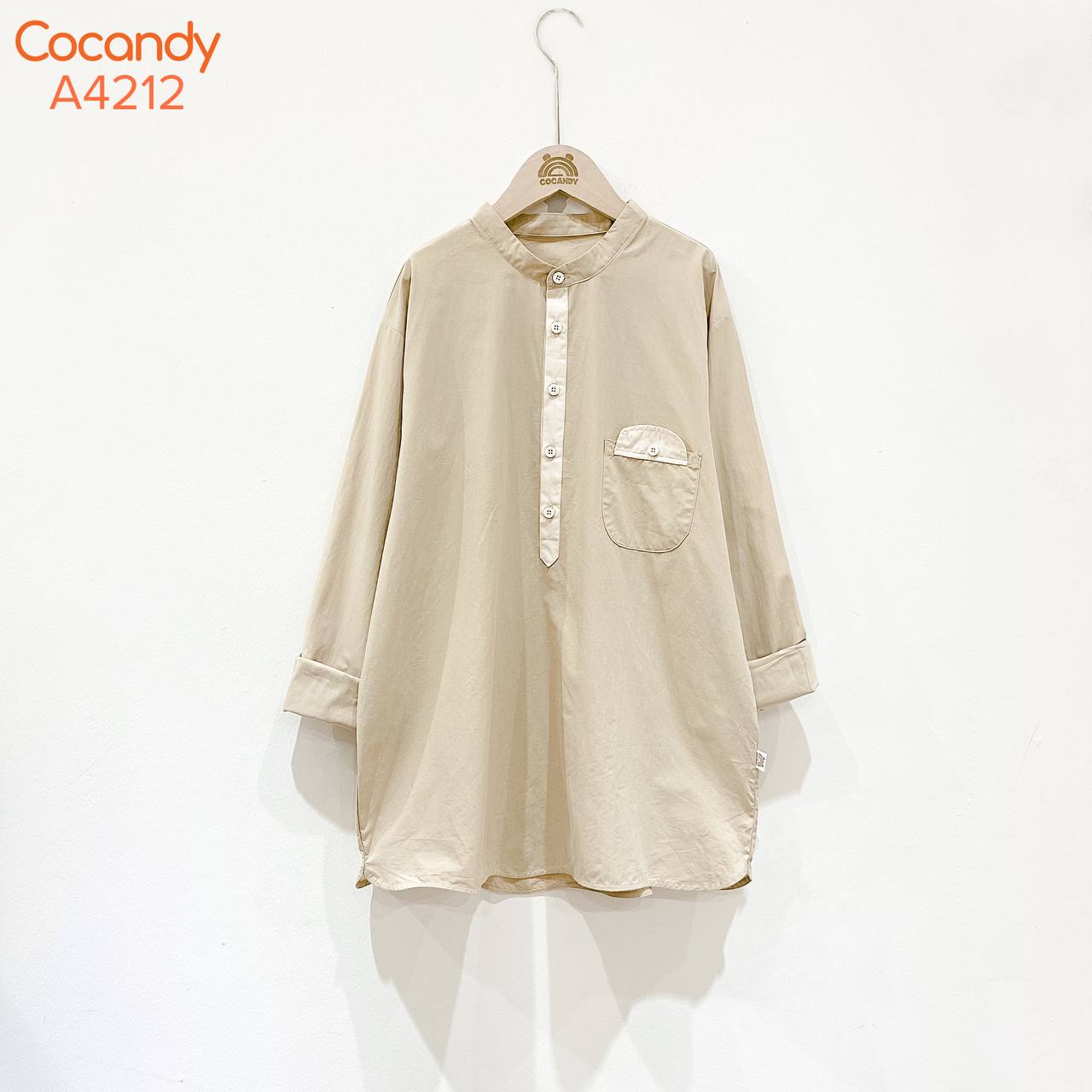 Áo dài NÂU RÊU phối BE túi ngực cúc LỚN