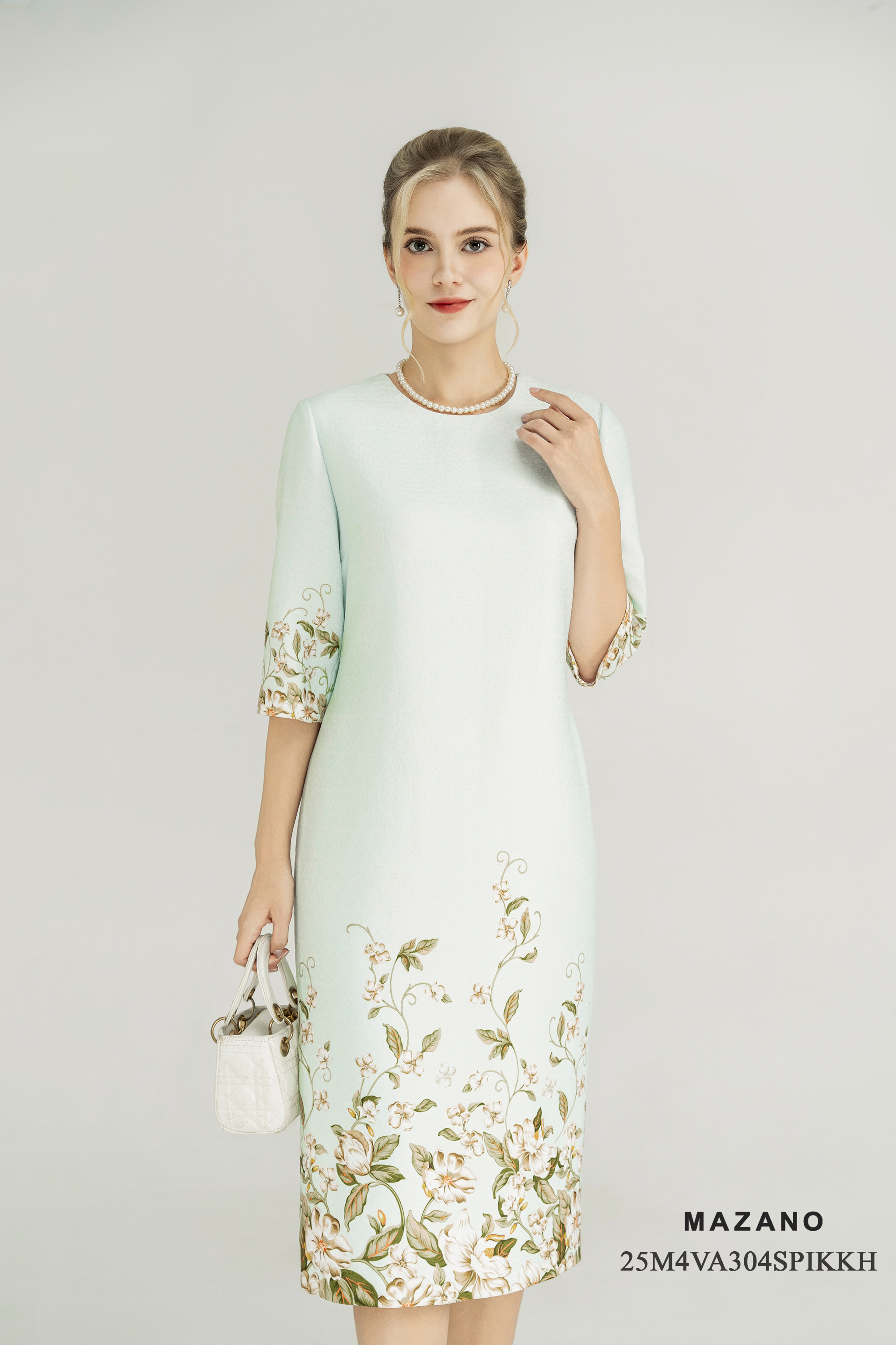 Váy Đầm Suông Vải tweed Hoạ tiết hoa cách điệu Cổ tròn Tay lỡ Dài qua gối_thumbnail_3