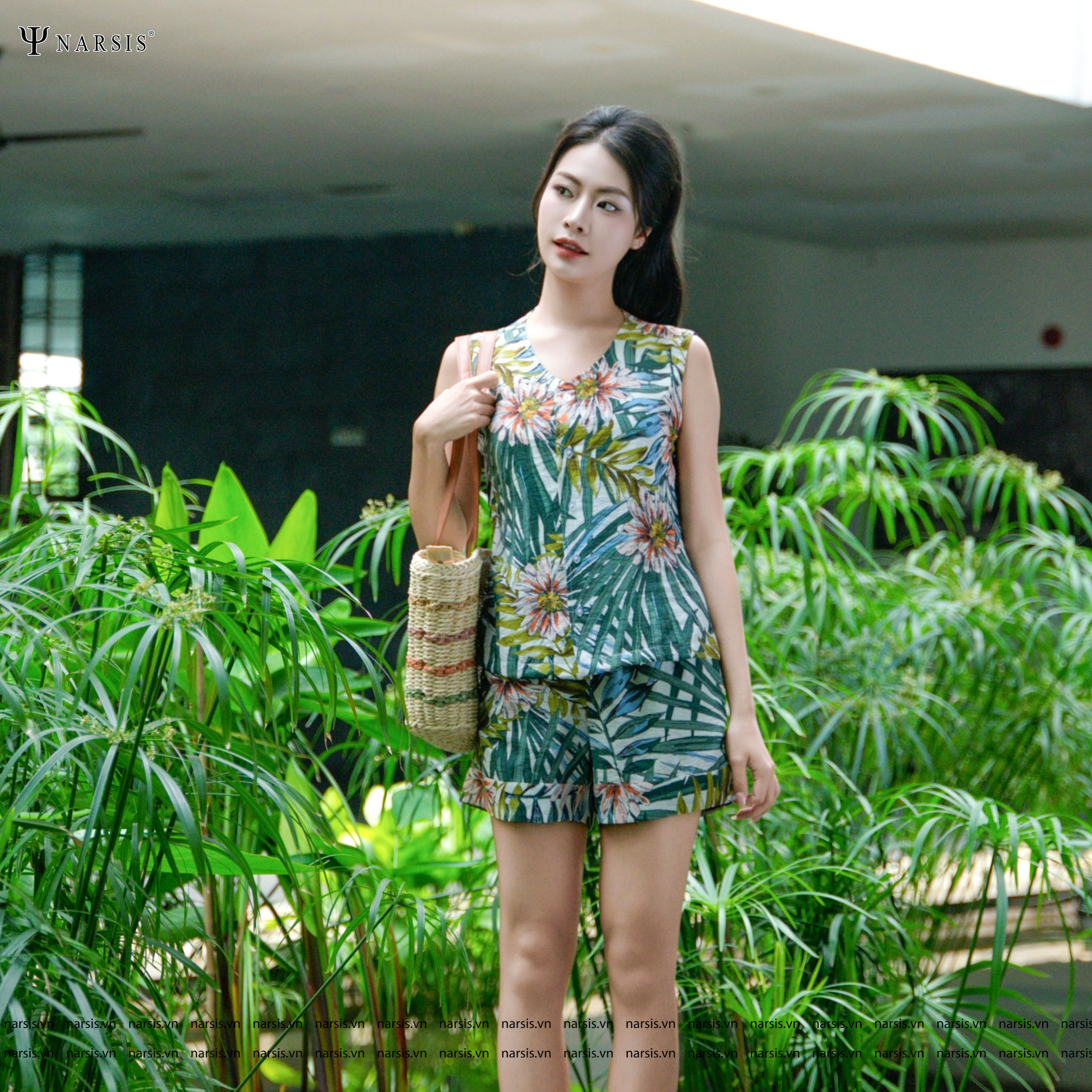 Set Đũi Nữ Narsis Mặc Nhà, Mặc Đi Biển, Đồ Bộ Cổ V Thoáng Mát, Lịch Sự Form Rộng Kèm Quần Short