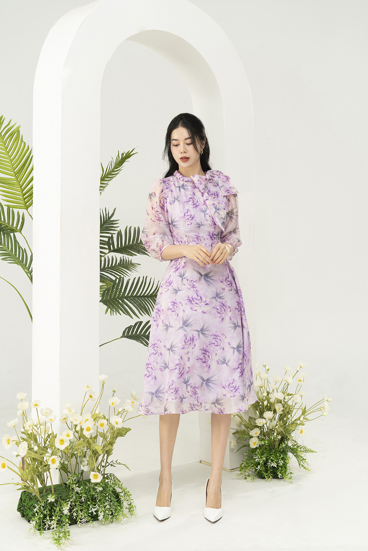 Đầm công sở dáng xòe tơ ngọc trai hoa tím D3002