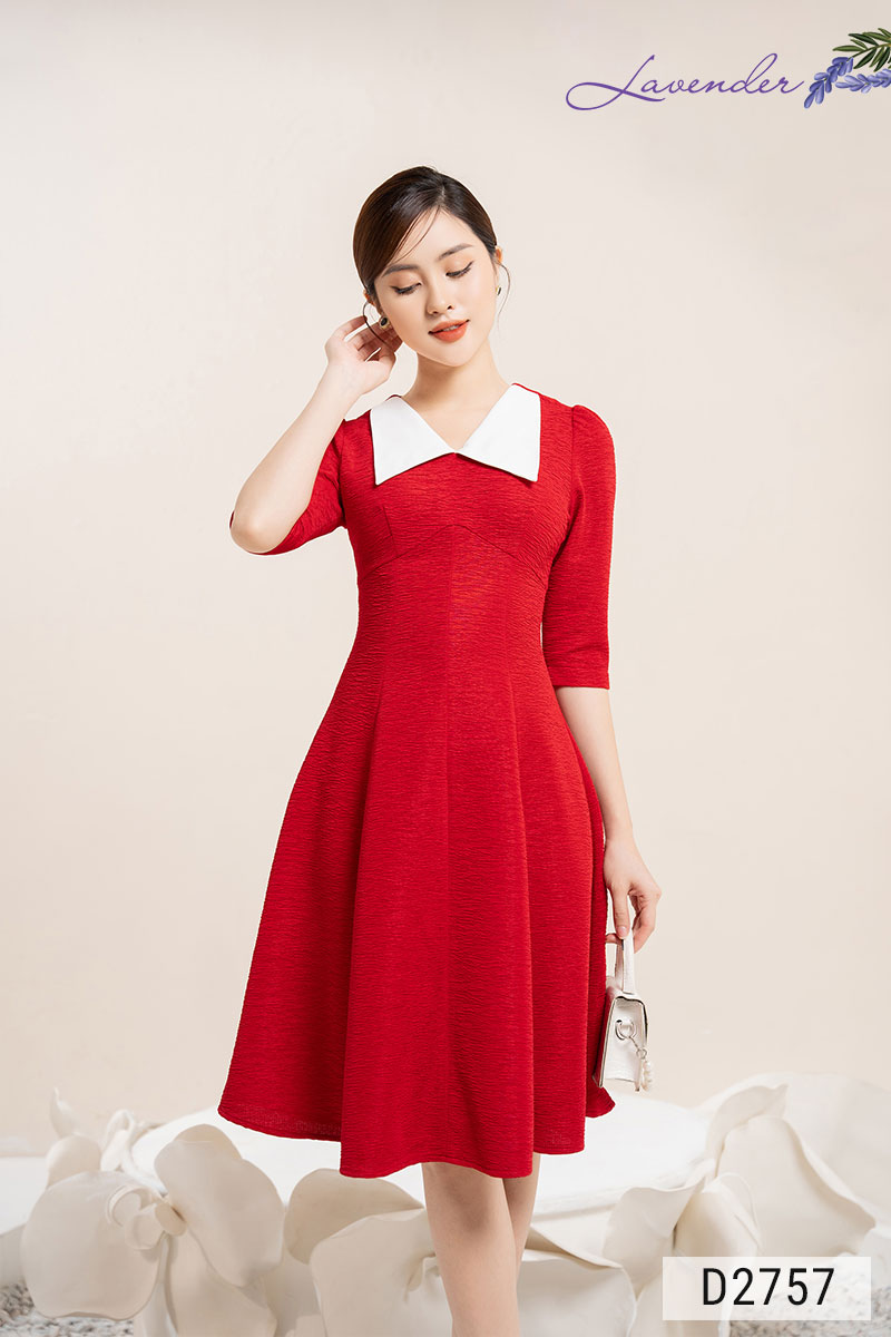 Đầm xòe công sở Thời trang Lavender đỏ phối cổ trắng tay lỡ D2757_thumbnail_1