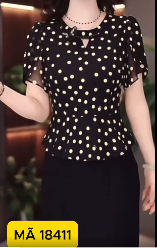 18411-Đầm suông peplum phối voan chấm bi đen trắng ( voan,lụa,lót)
