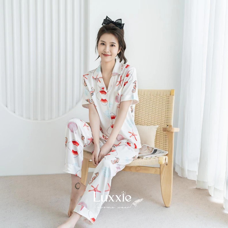 N102B Pijama lụa họa tiết sao biển cộc tay