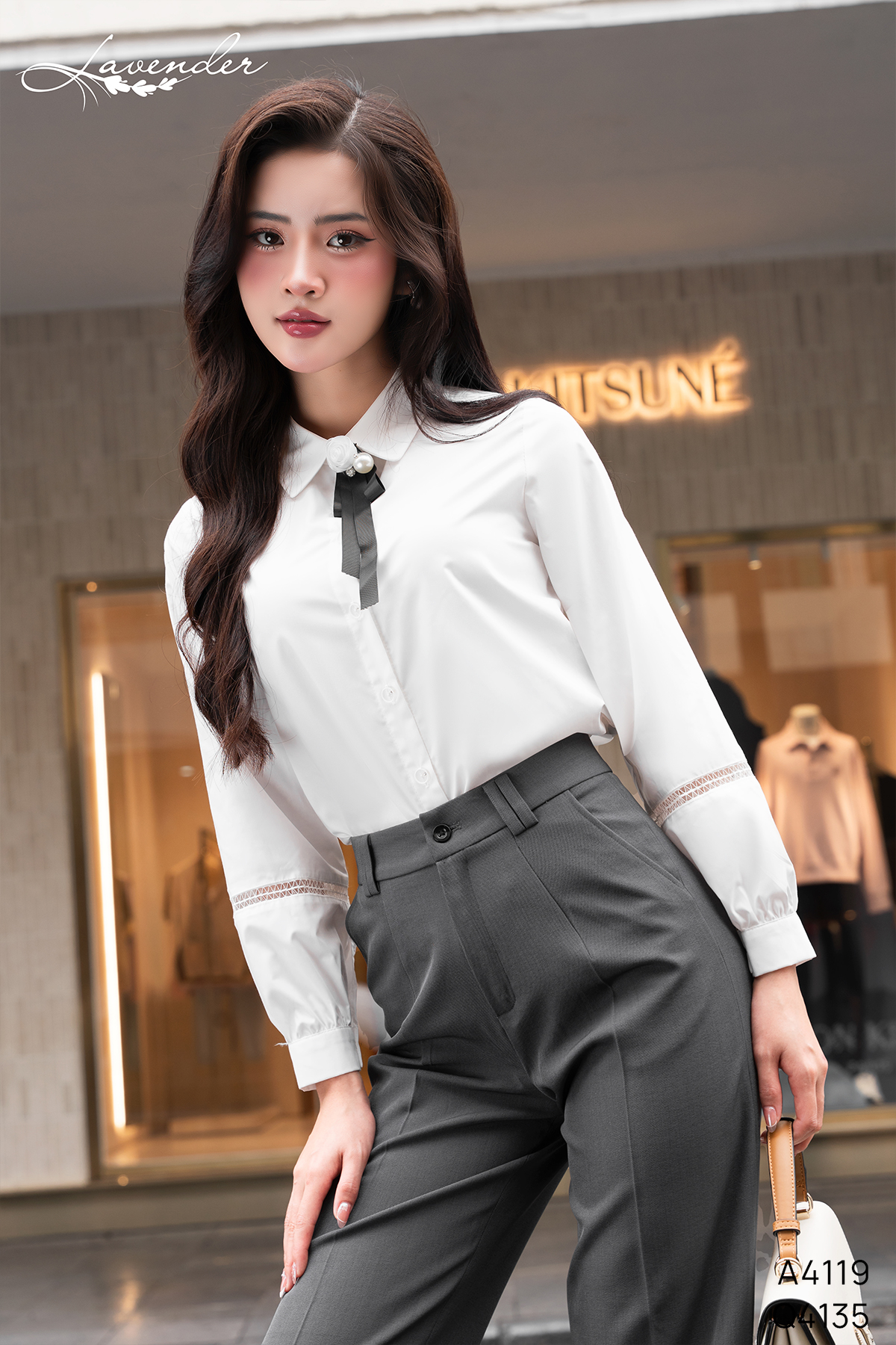 Áo sơ mi cổ nơ vải thô trắng A4119_thumbnail_3