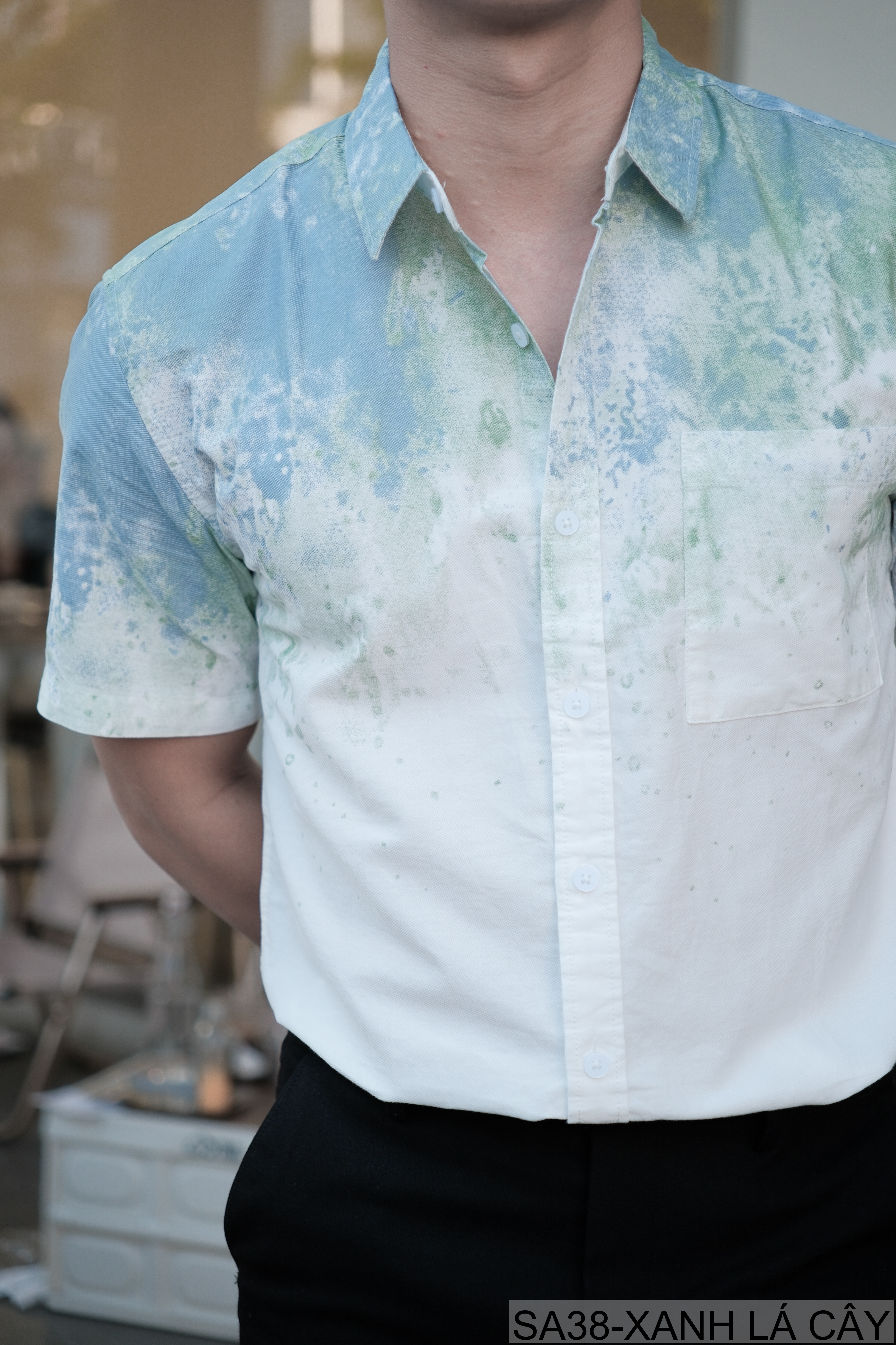 SA38 - Áo sơ mi nam tay ngắn họa tiết loang màu xanh lá và xám, phong cách trẻ trung mùa hè_thumbnail_4