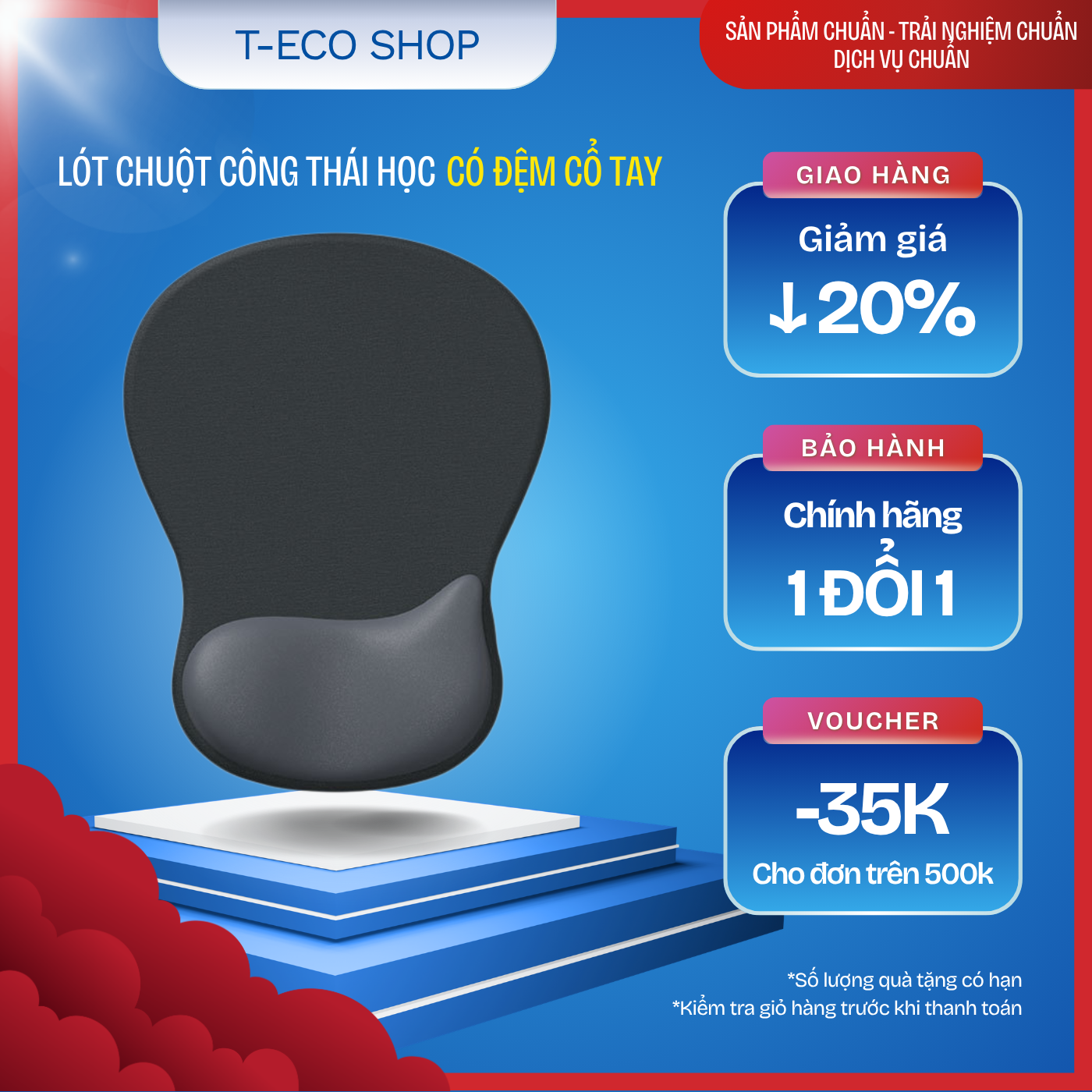 T-ECO SHOP Lót Chuột Kê Tay Công Thái Học – Giảm Đau Cổ Tay, Êm Ái, Chống Trượt
