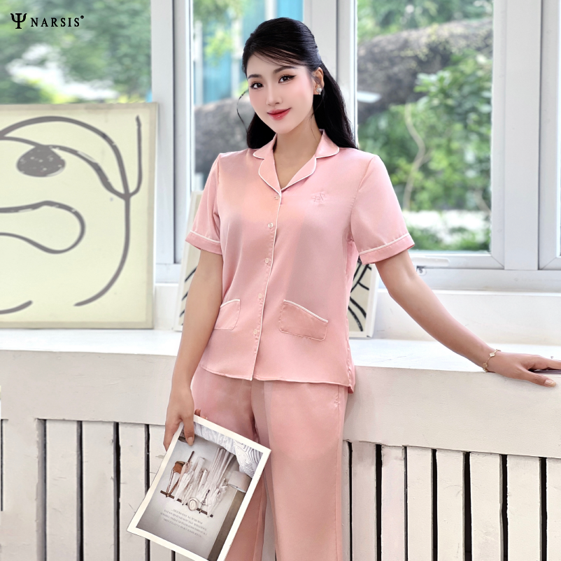 Đồ ngủ pijama lụa Narsis M24037 tay ngắn, quần dài, màu hồng thanh lịch._thumbnail_3