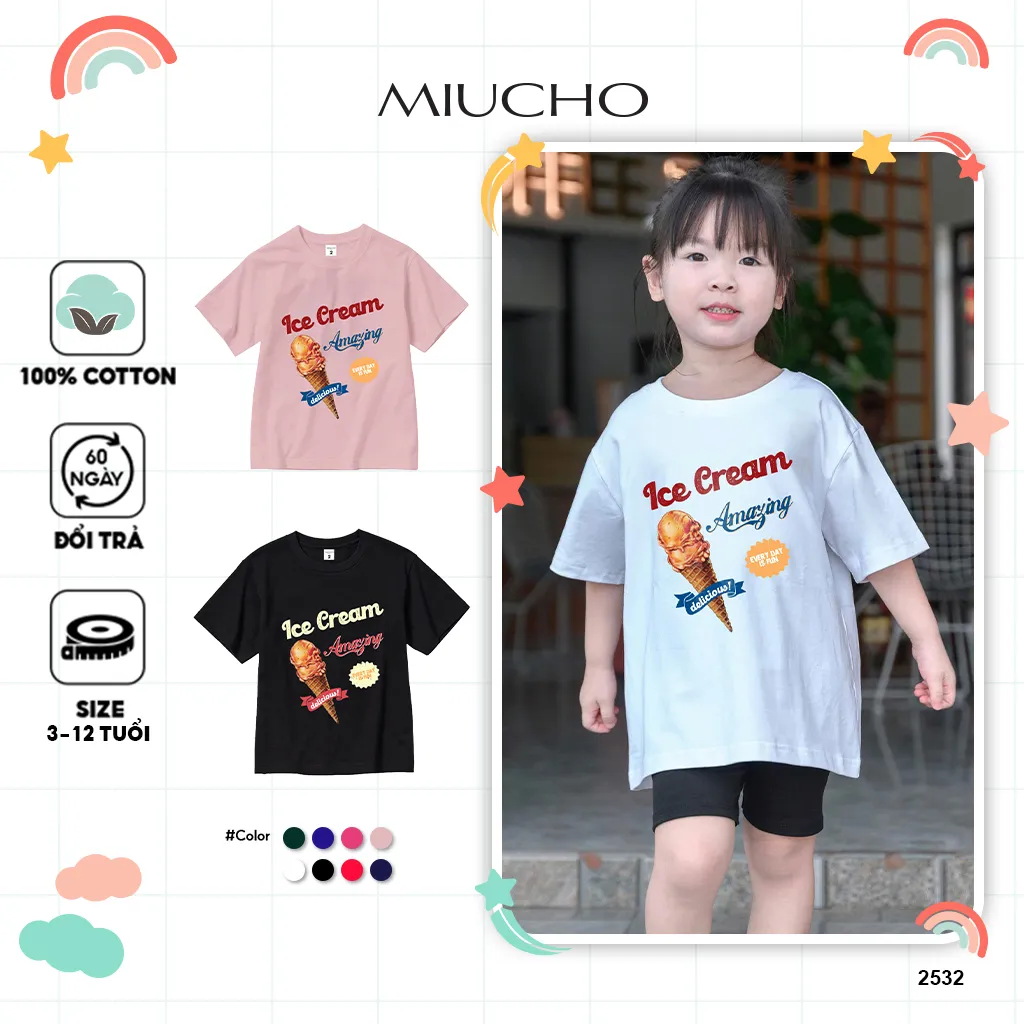 Áo thun cho bé Ice cream 2532 Miucho Kid chất vải cotton thoáng mát cho bé thoải mái cả ngày