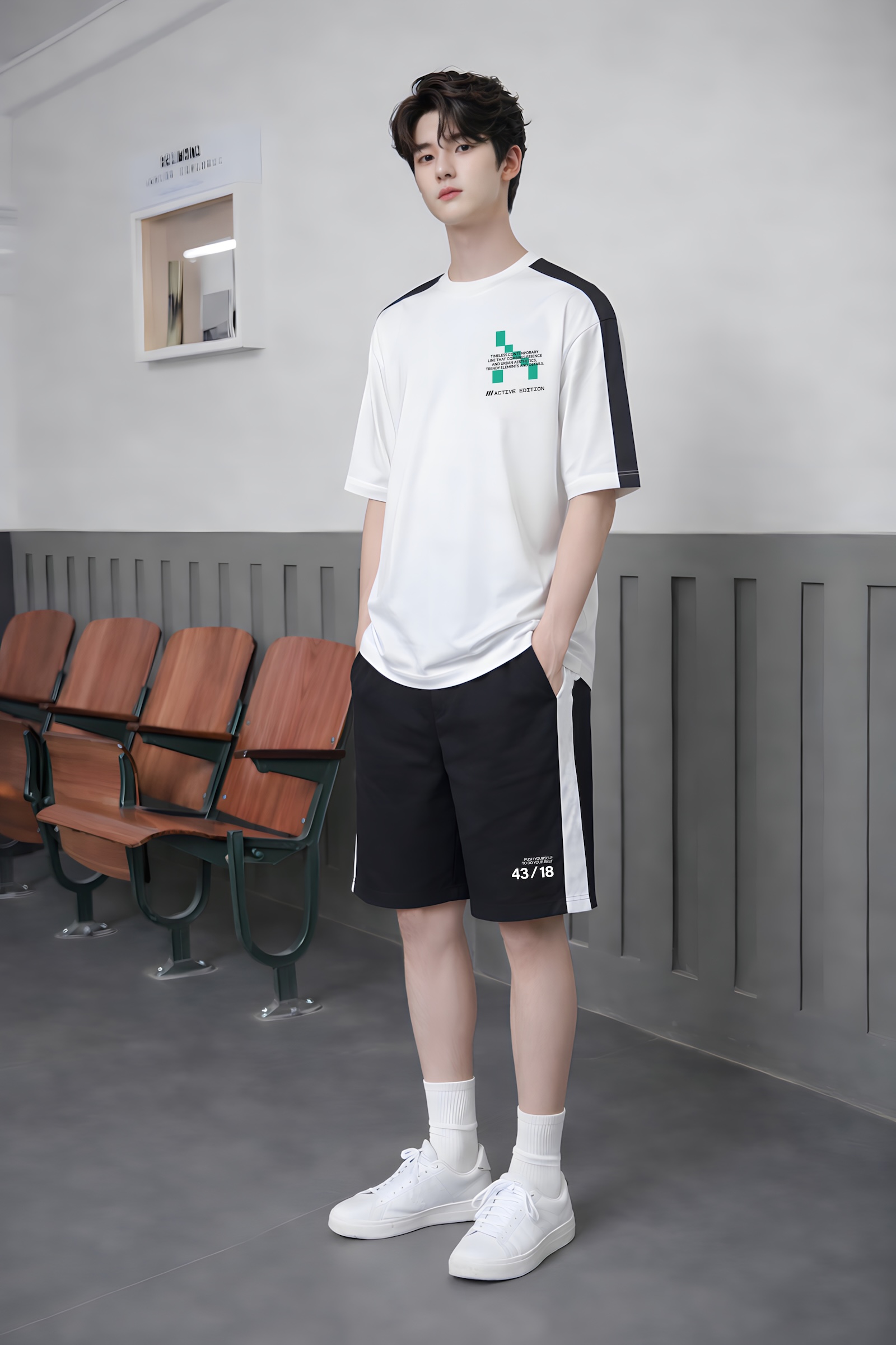 Áo phông bé trai dáng rộng phối dọc tay