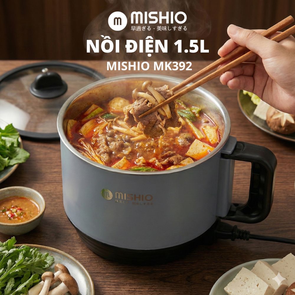 Nồi Lẩu Điện Mini 1.5L Mishio MK392 600W lòng nồi inox 304 không gỉ sét