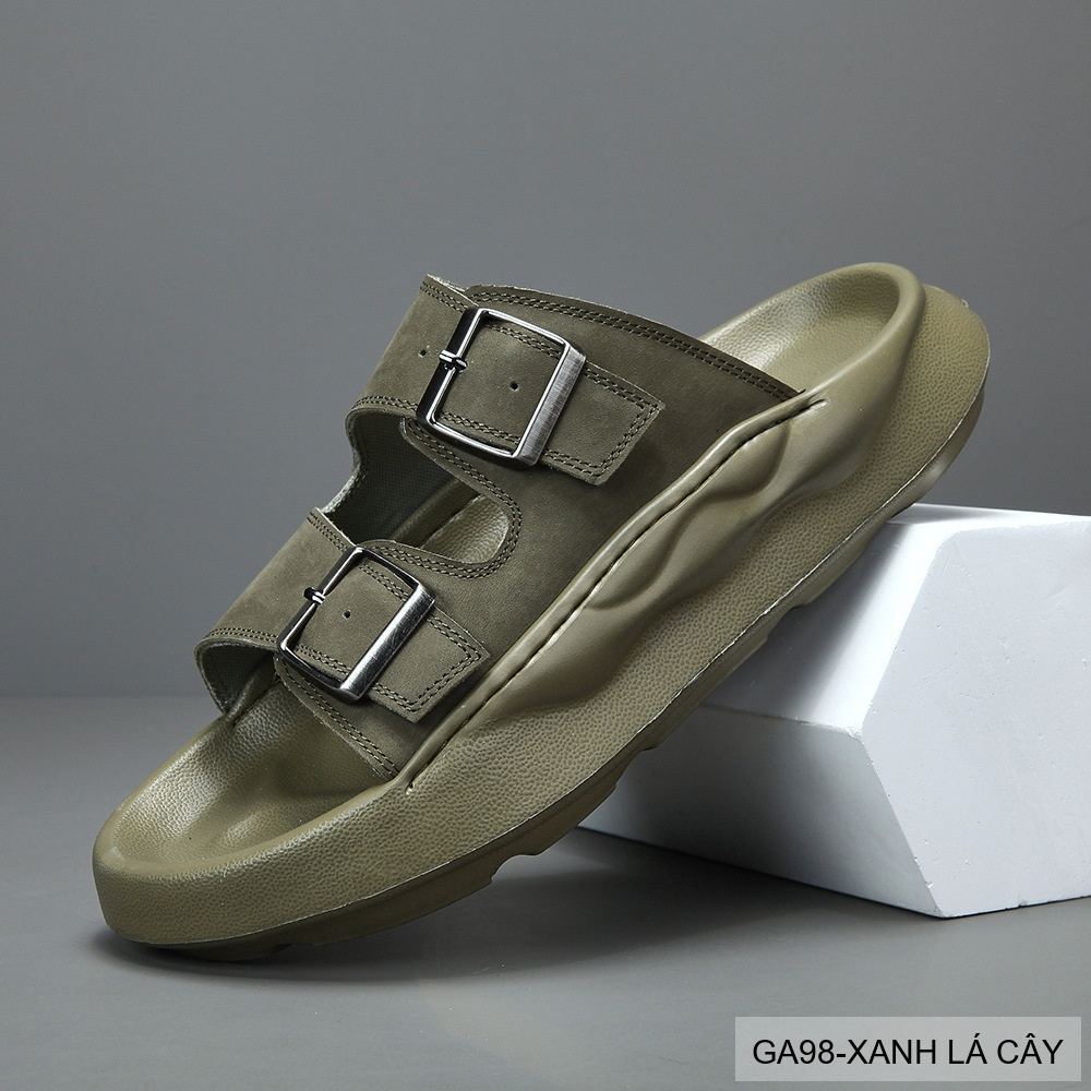 GA98 - Dép xỏ ngón nam đế dày thời trang, da bò mềm, hai quai khóa kim loại, màu Xanh Lá Cây và Đen