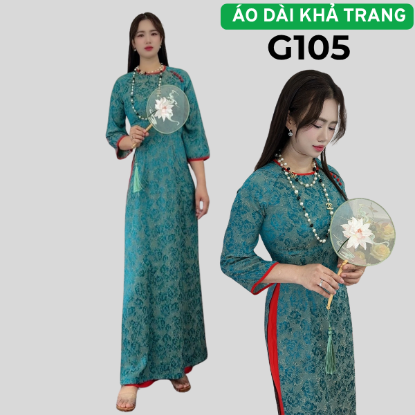 G105 Áo dài Gấm màu Xanh Cổ Vịt hoa Sen đá cổ Tròn Khít Tay lỡ