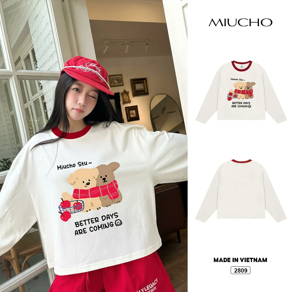 Áo thun boxy nam nữ Miucho vải thoáng mát dày dặn chuẩn form tay dài phối cổ Gấu Teddy in mix 2809