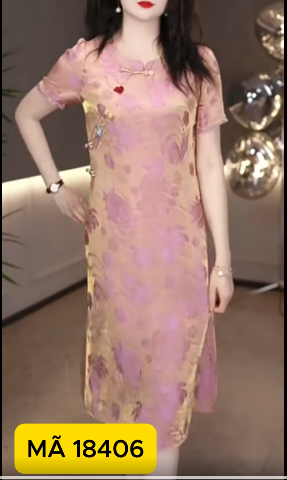 18406-Đầm suông A cổ tàu màu hồng kết nút ( lụa tencel,lót)