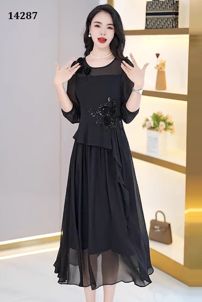 14287-Đầm ĐEN  dự tiệc kết hoa eo (voan,lót)_thumbnail_3