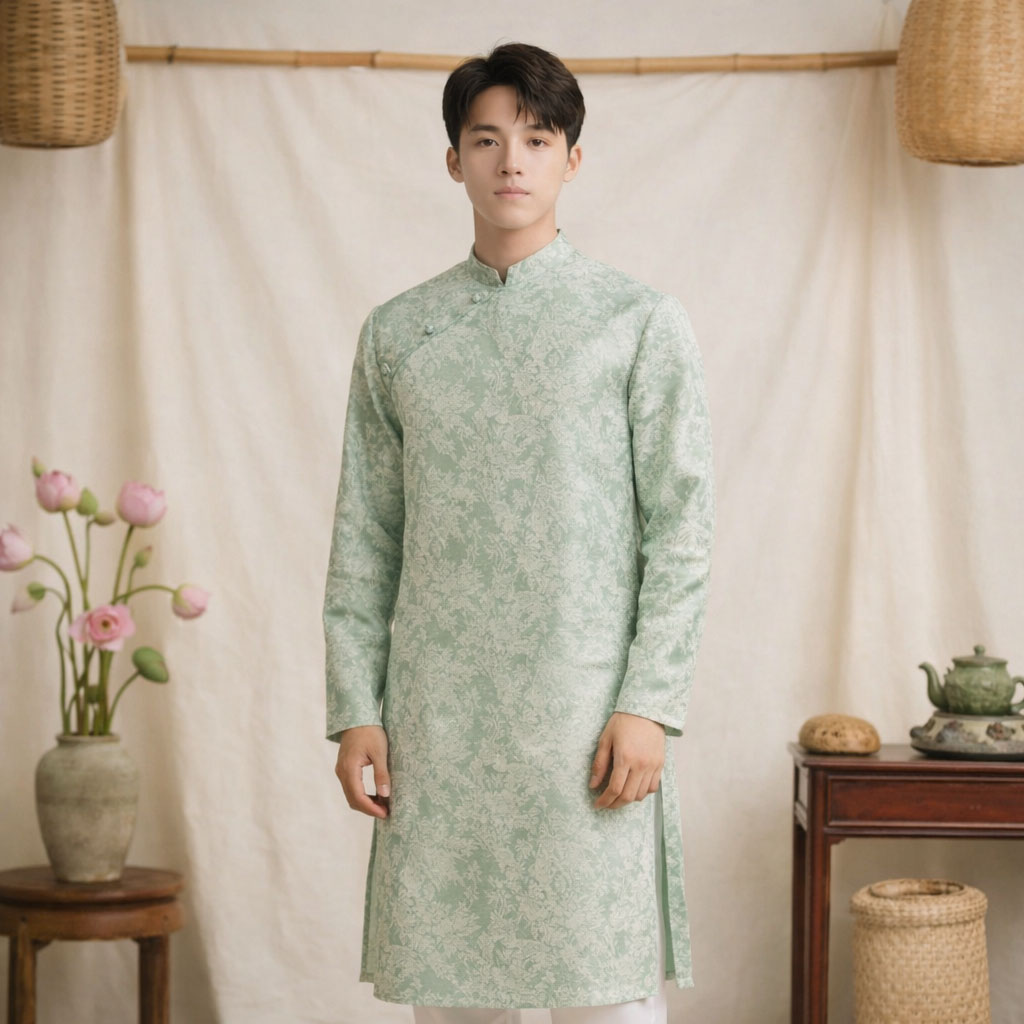 Áo Dài Nam Cách Tân Gấm Châu Sa Xanh Ngọc – Hoa Tiết NA25-04_thumbnail_2