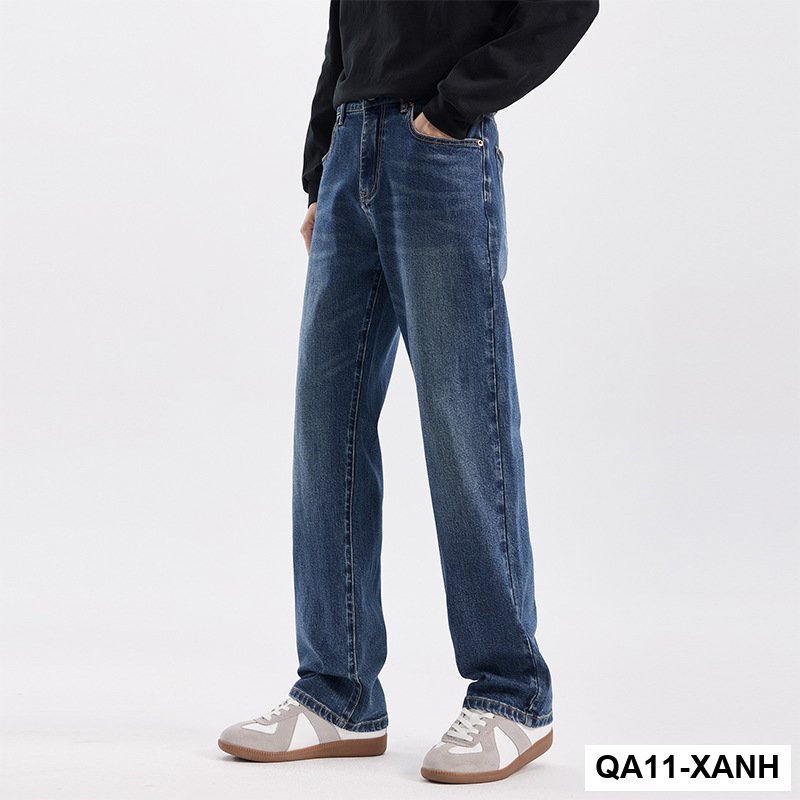 Quần jean xanh cổ điển của Mỹ nam mùa thu đông mới hợp thời trang quần ống rộng dáng ôm vừa vặn giặt hơi loe quần dài_thumbnail_2