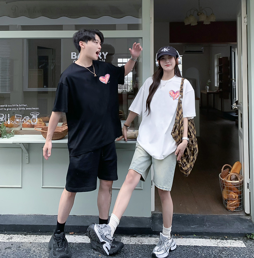 Áo thun cặp đôi in trái tim nhỏ dễ thương form rộng ATD1514 Miucho vải cotton thoáng mát cổ tròn in mix_thumbnail_5