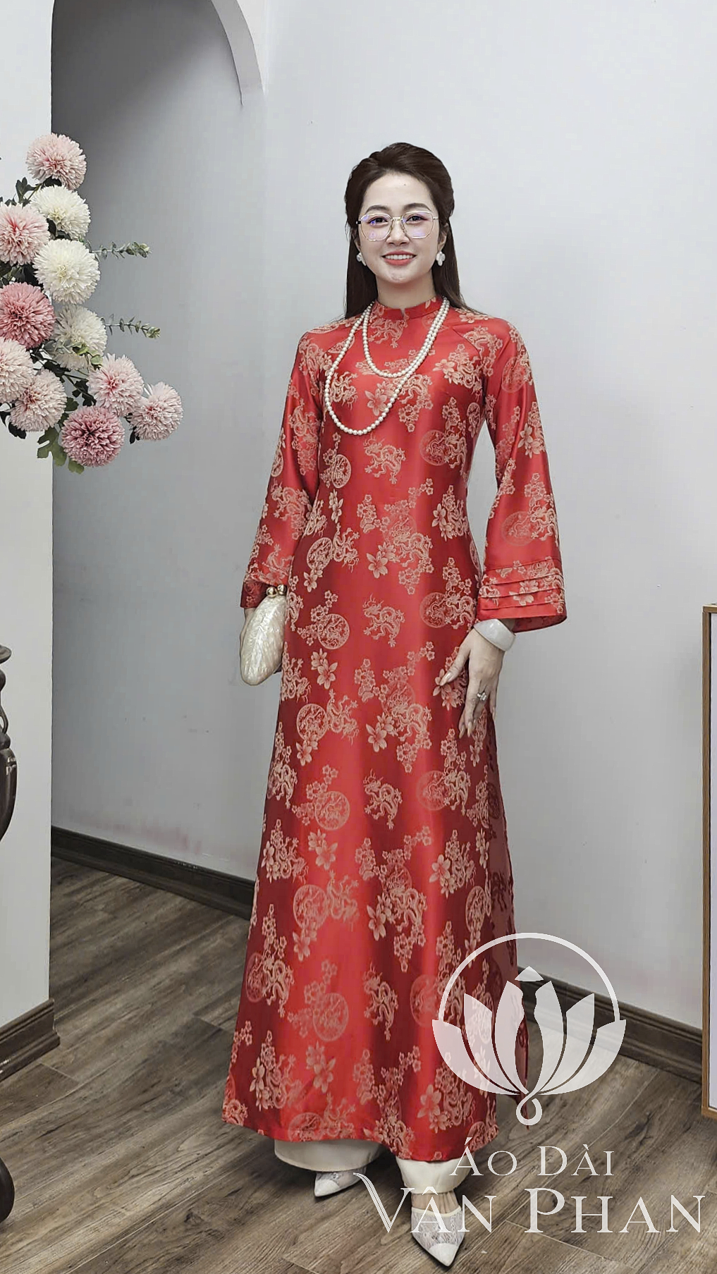 CT341 áo dài cổ 2p tay dài loe gấm cam_thumbnail_2