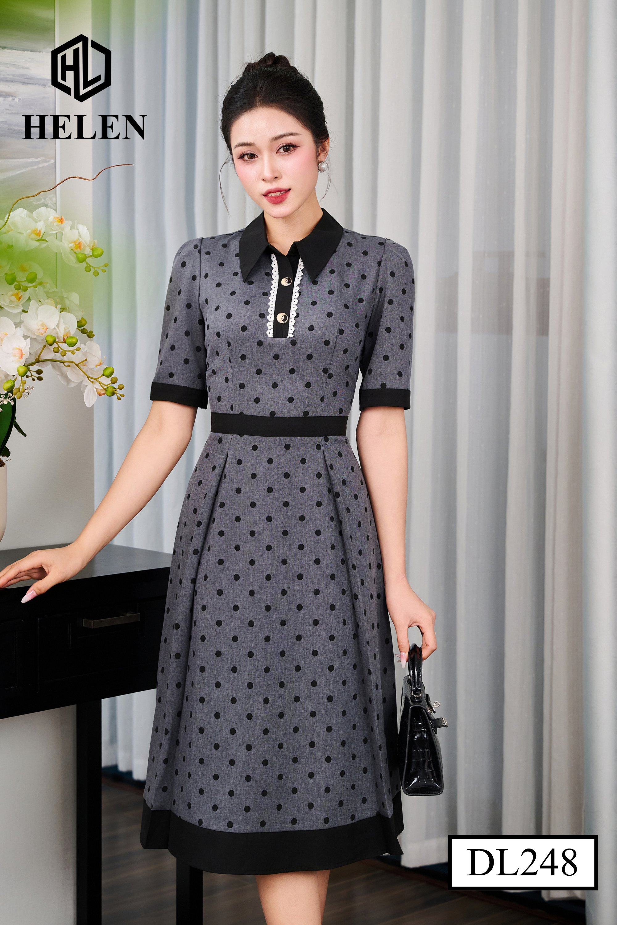 Đầm xòe ghi chấm đen cổ đức DL248