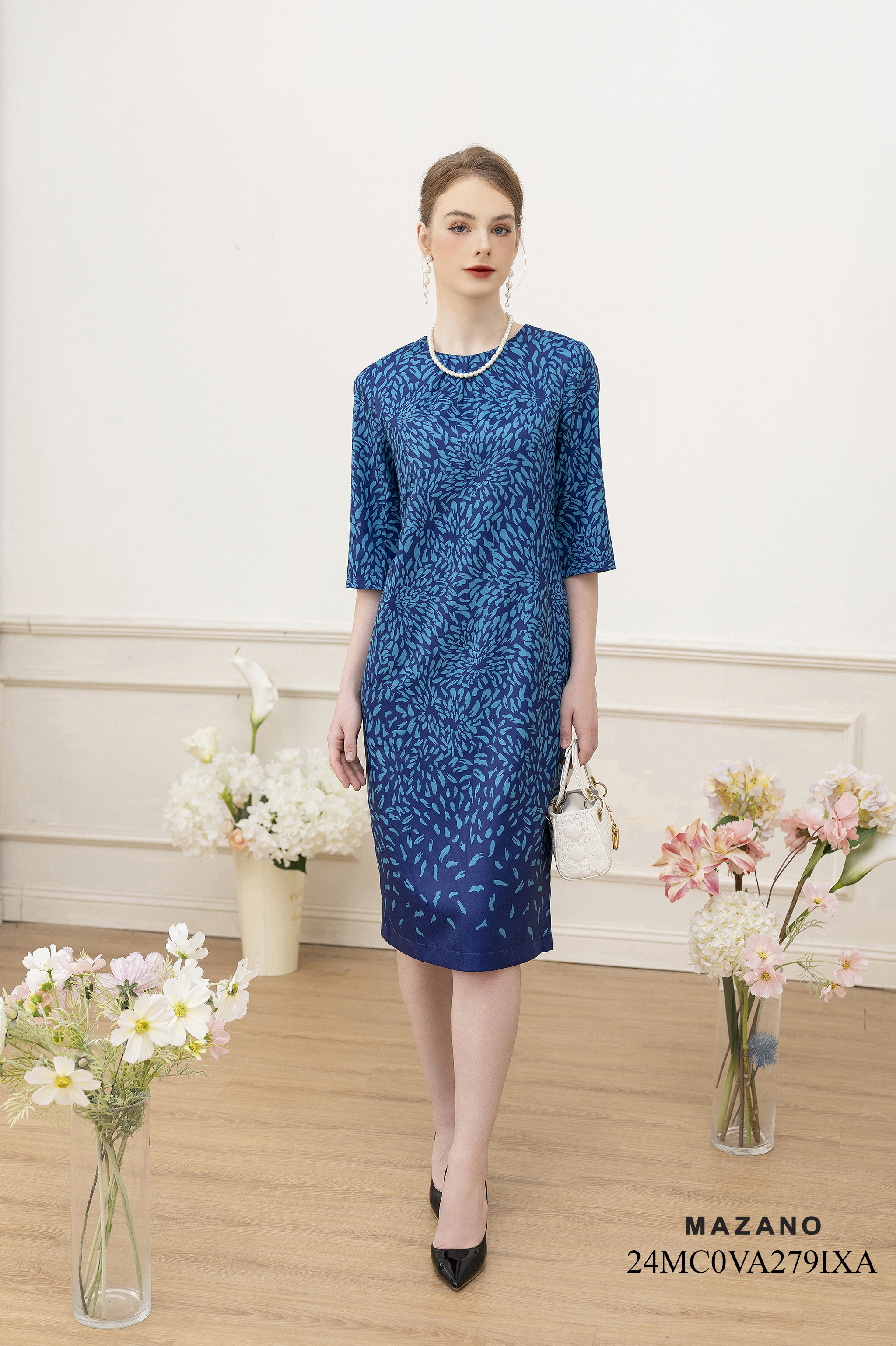 Váy Đầm suông Vải thô Hoạ tiết cách điệu Cổ tròn Tay lỡ Dài đến bắp chân 24MC0VA279IXA