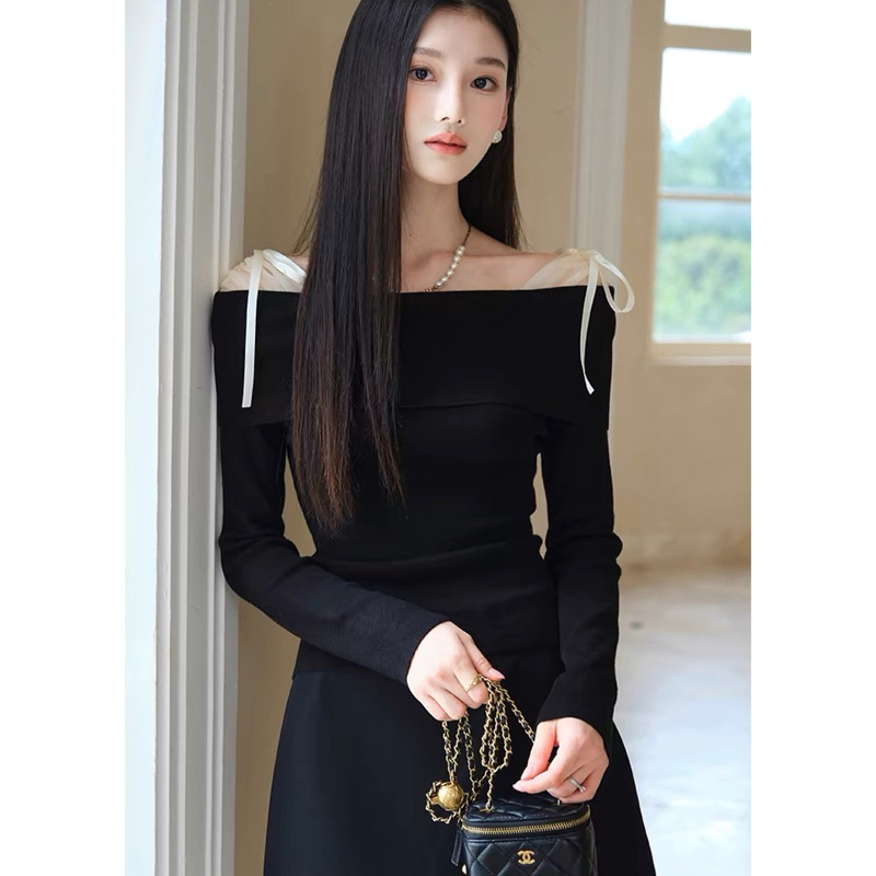Áo trễ vai phối nơ, áo hở vai chất tăm nhung phối lưới phong cách tiểu thư Logastore_L335_thumbnail_1
