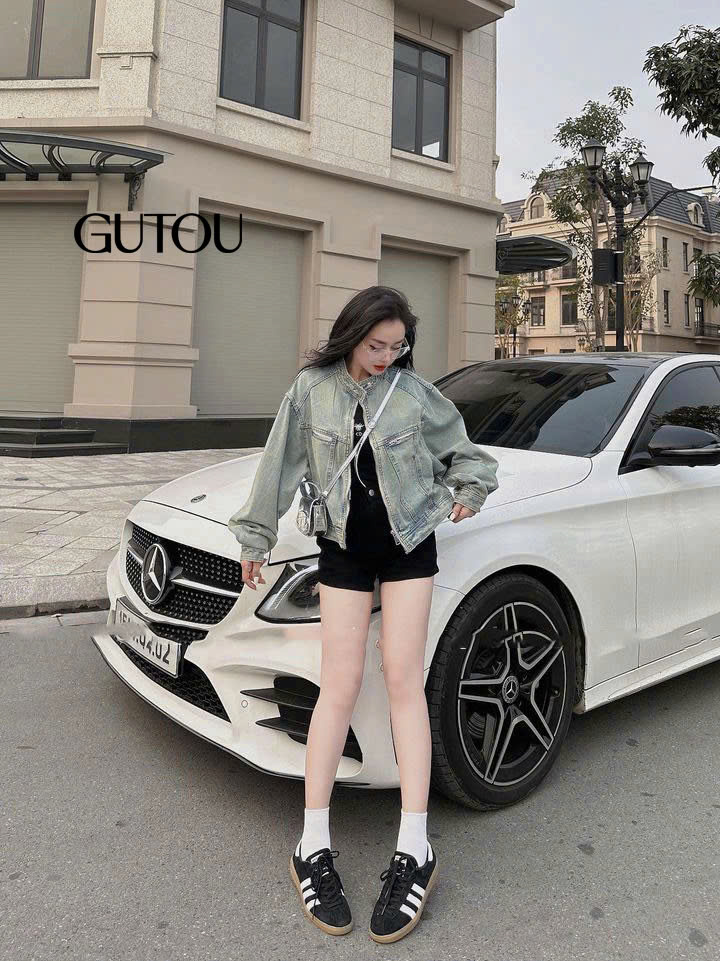 [ GUTOU ] Áo Khoác Denim Cổ Trụ Khóa Kéo Street Style