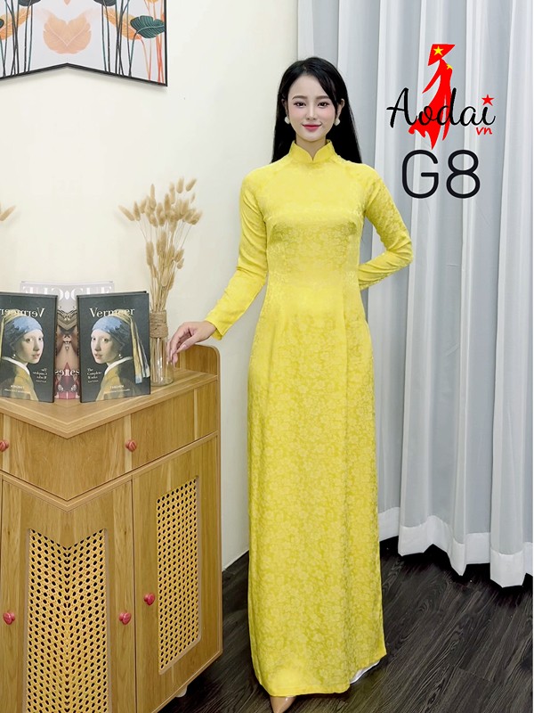 Áo dài Gấm G8 màu vàng cổ cao 3cm tay dài