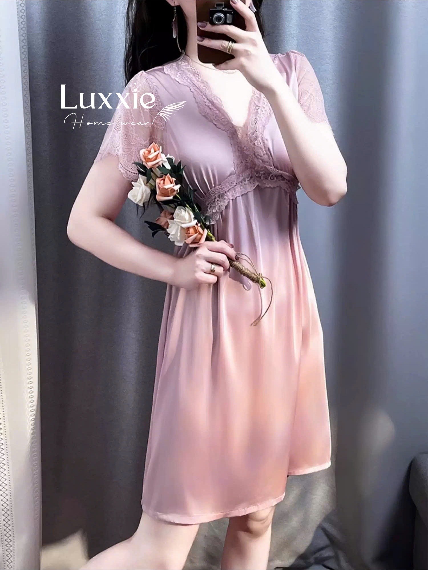 V07 Váy ngủ lụa cổ V tay ren dáng suông_thumbnail_7