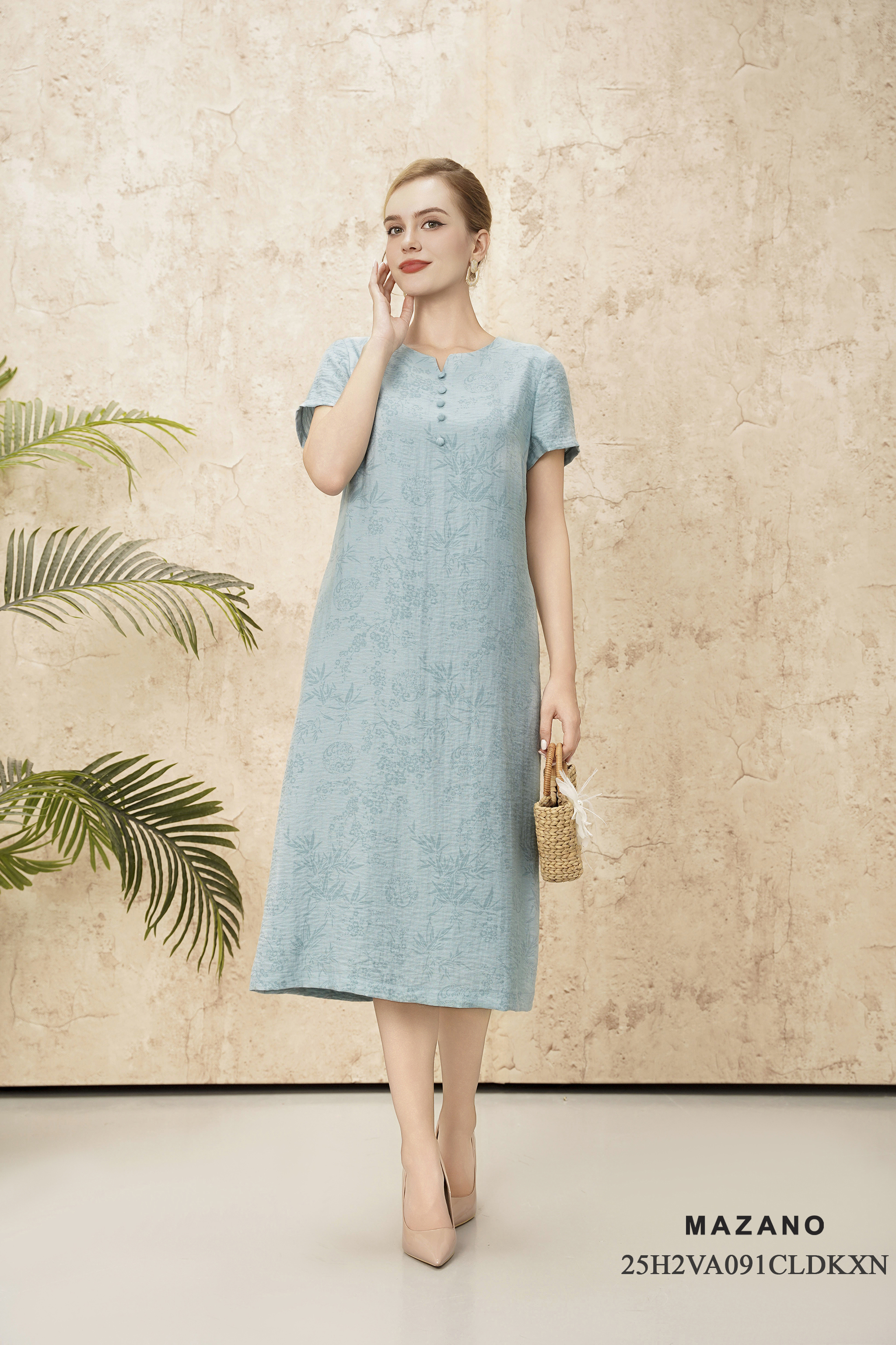 Váy Đầm Suông A Vải Linen lụa Hoạ tiết truyền thống Cổ tròn Tay ngắn Dài ngang bắp chân_thumbnail_1