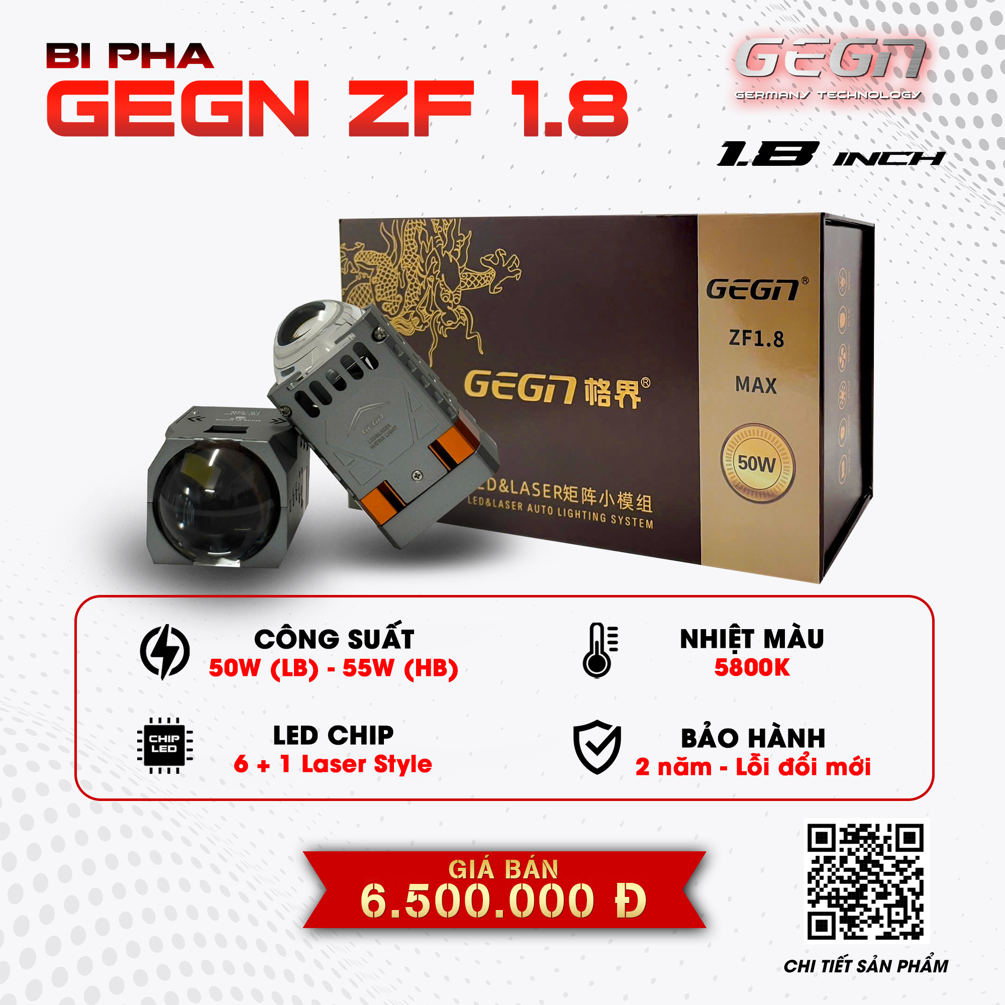 GEGN ZF 1.8 Đèn bi led thấu kính vuông cỡ nhỏ 1.8 inch