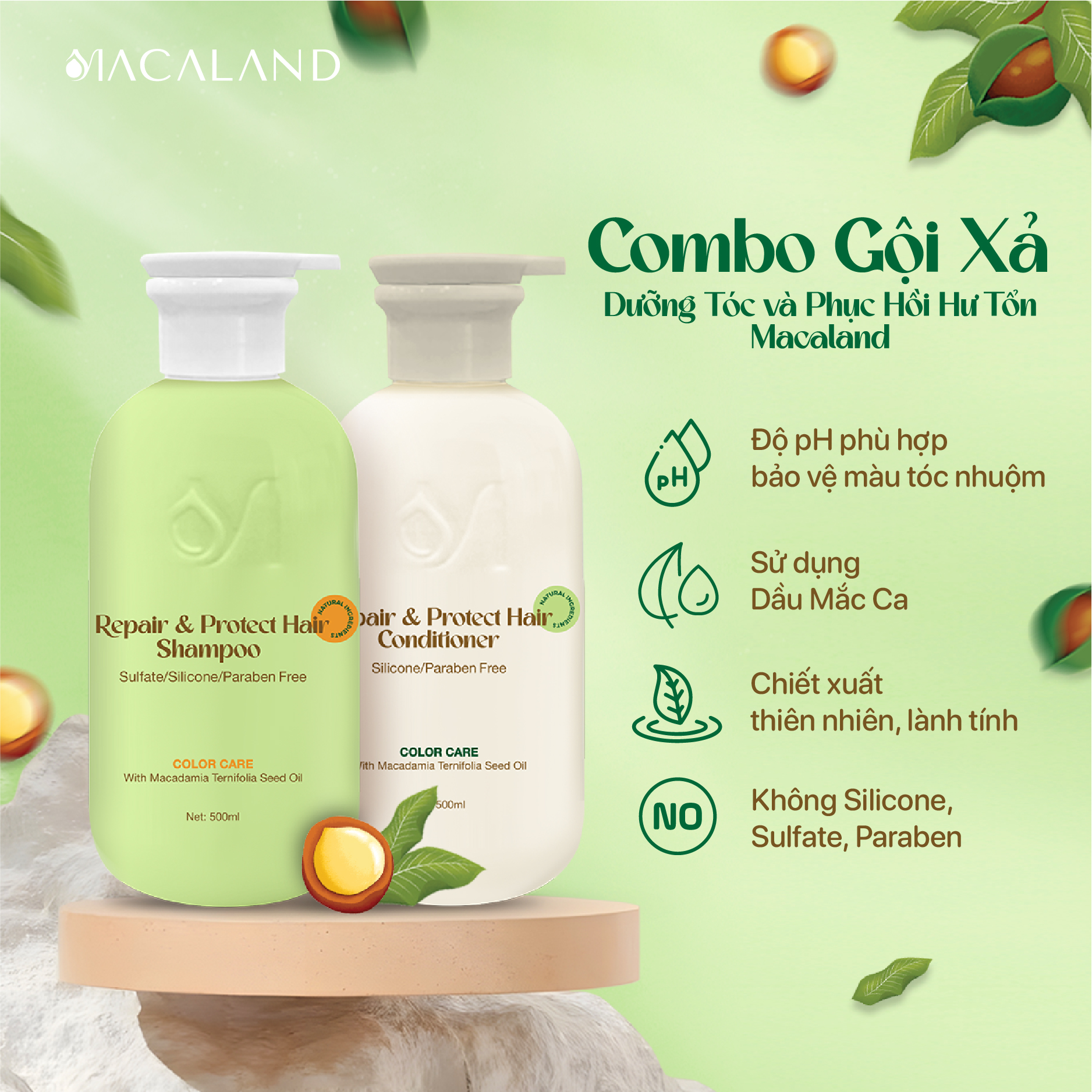 Combo Dầu gội cho tóc nhuộm và Dầu xả giữ màu MACALAND 500ml dưỡng tóc mềm mượt chắc khỏe, phục hồi hư tổn_thumbnail_1