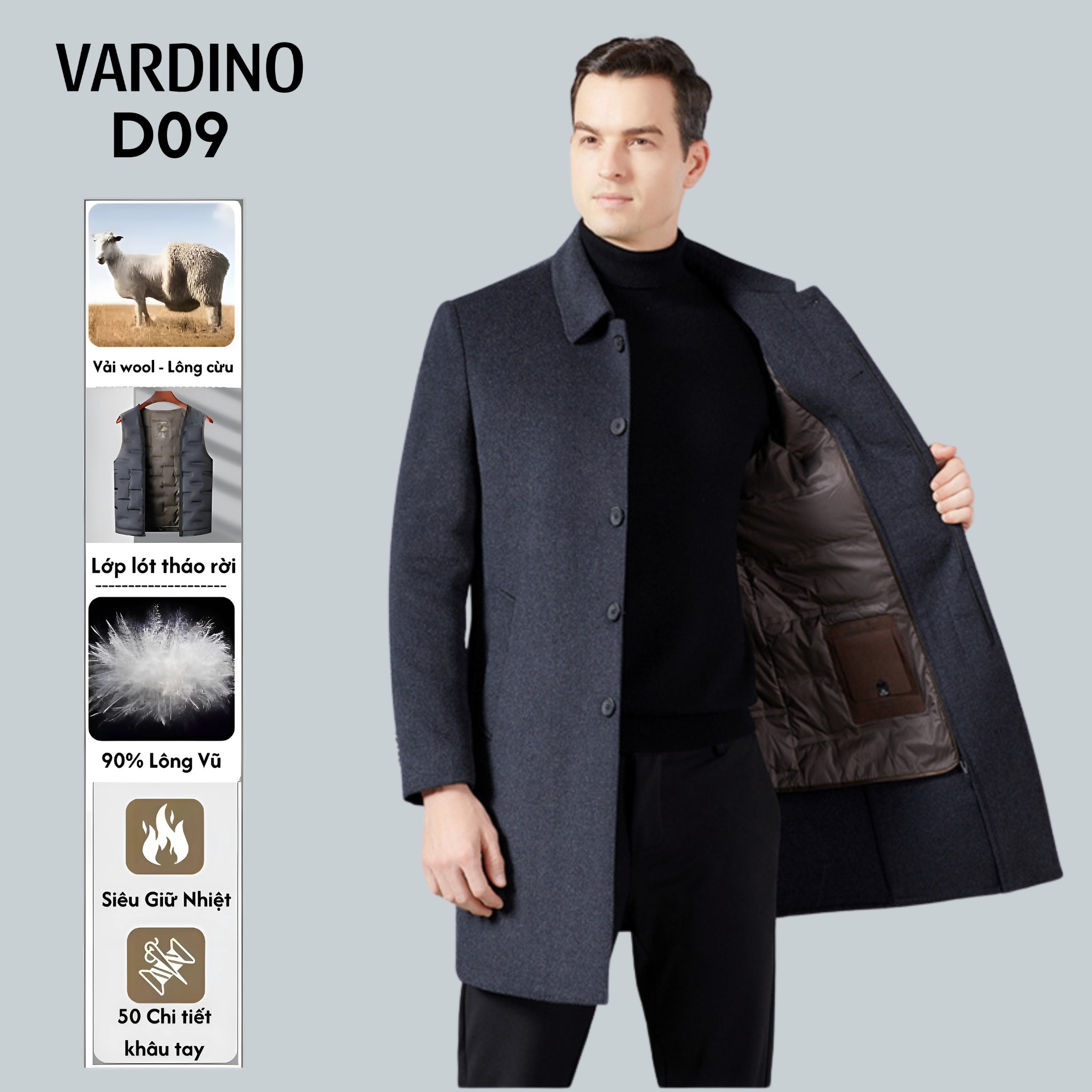 Áo khoác Mangto lót lông vũ, lông cừu D09