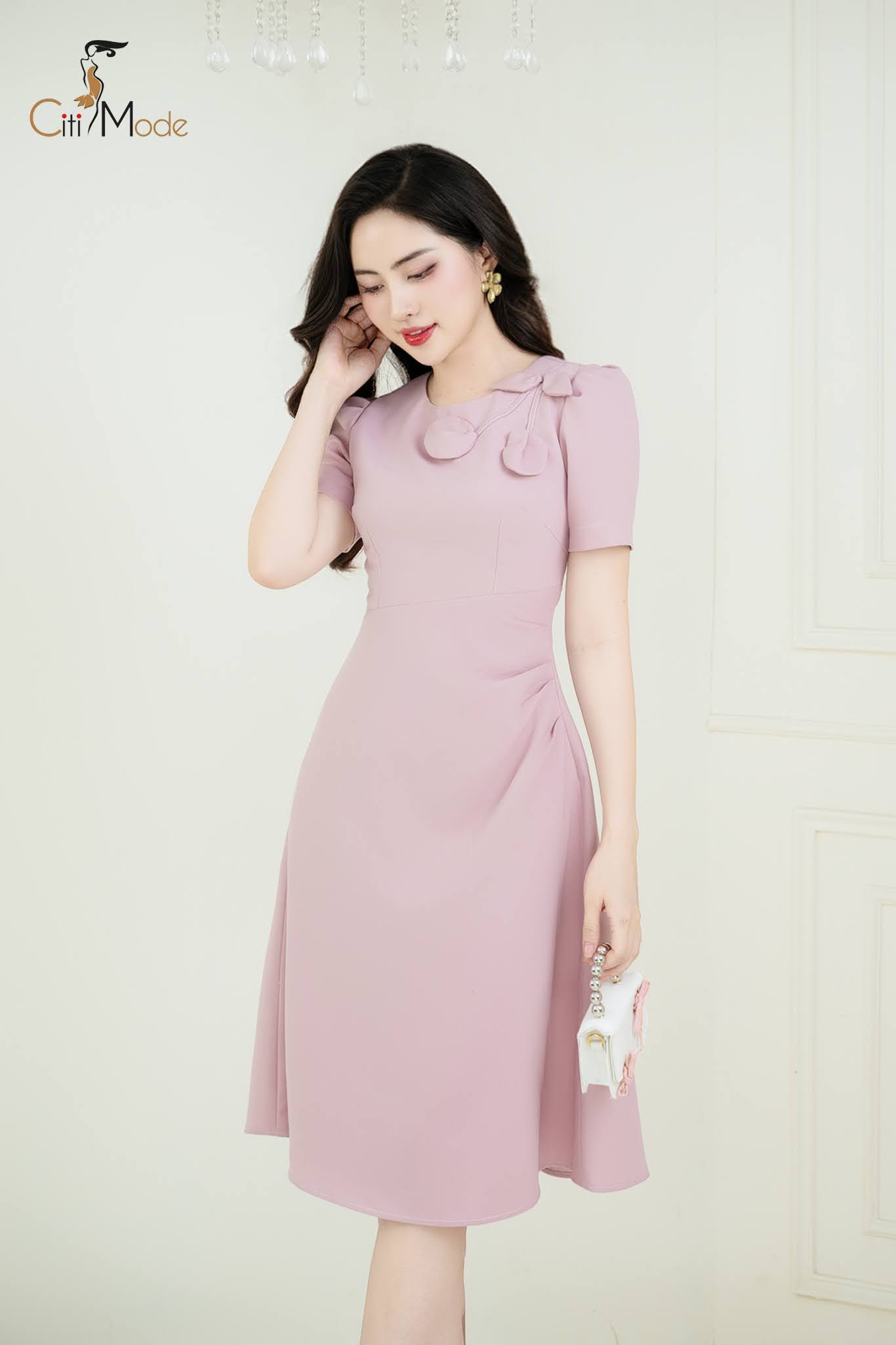 Đầm A hồng nhún hông đính hoa vai_thumbnail_0