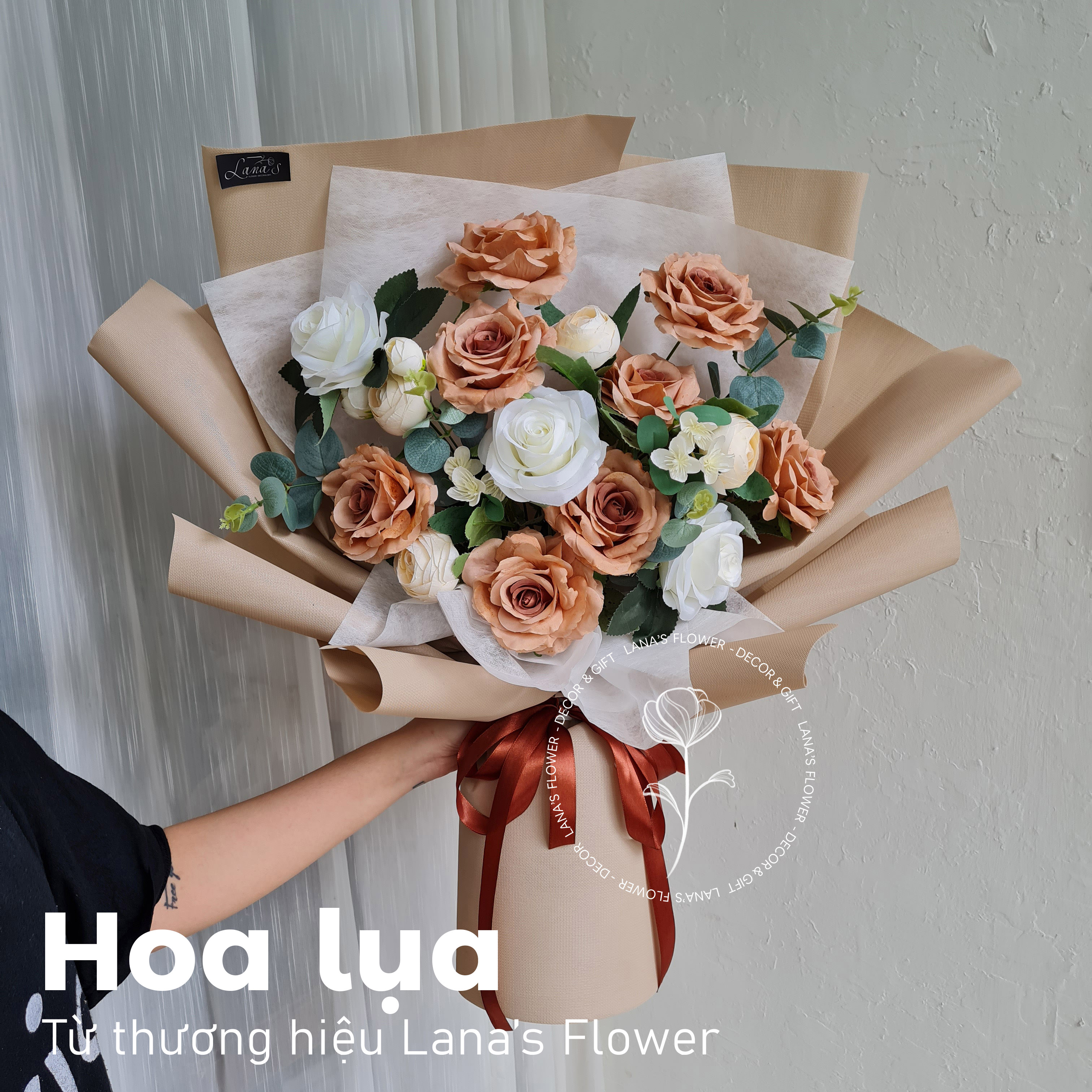 Bó hoa lụa Size L - Tone nâu cafe (tặng kèm túi)