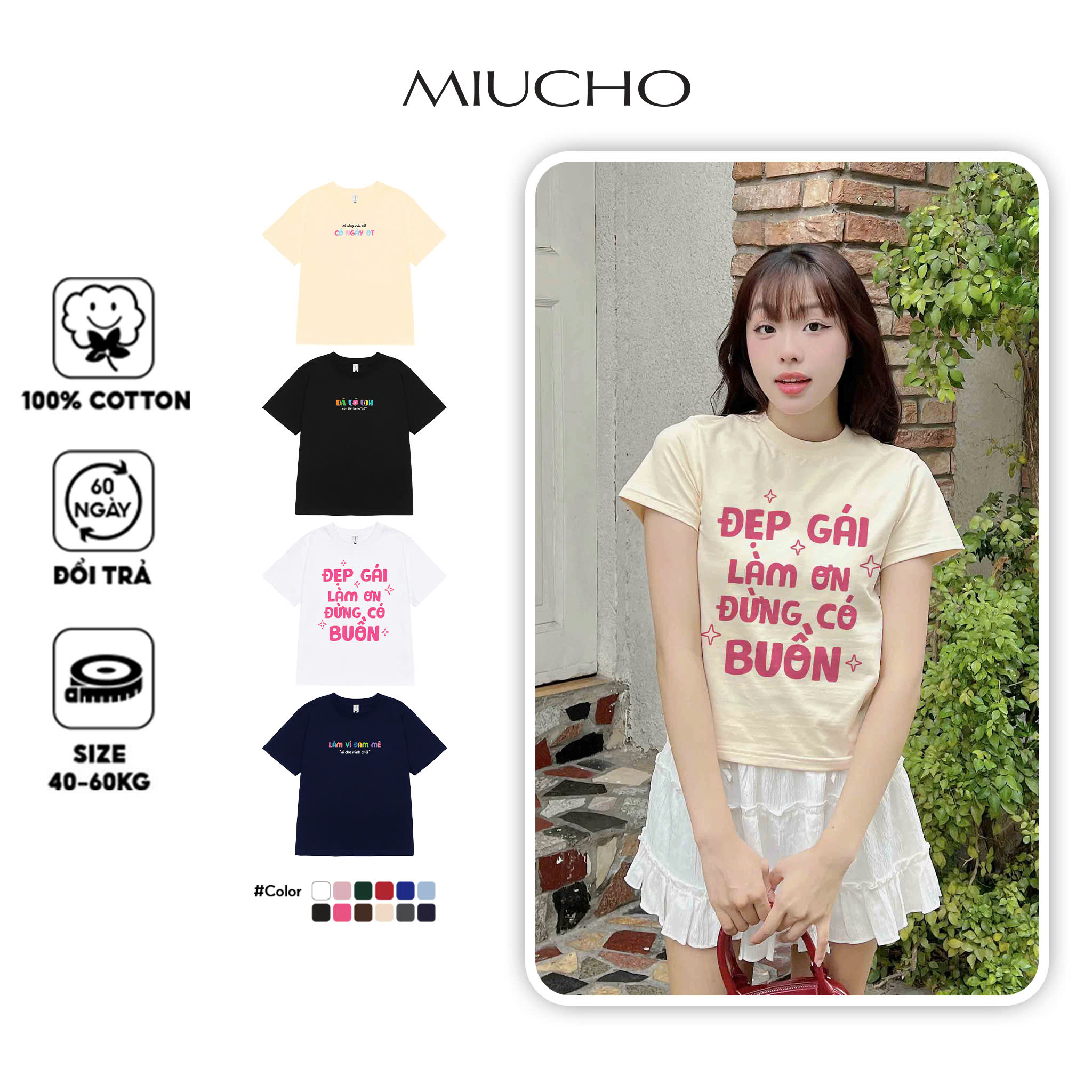 Áo baby tee in chữ dễ thương Miucho BST cổ tròn tay ngắn vải cotton 4c thoáng mát in mix