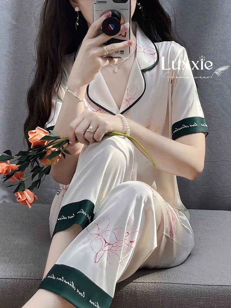 N99B Pijama lụa hoa viền xanh lá cộc tay