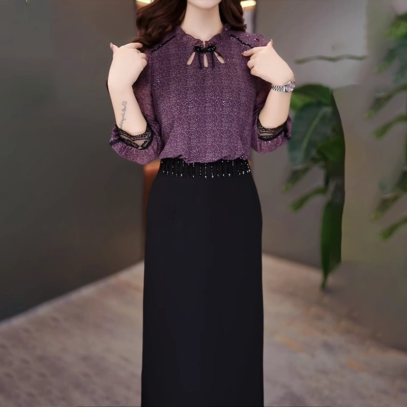 17725-Đầm suông tay voan lở cổ tàu eo viền tua rua cách điệu (voan, lụa)