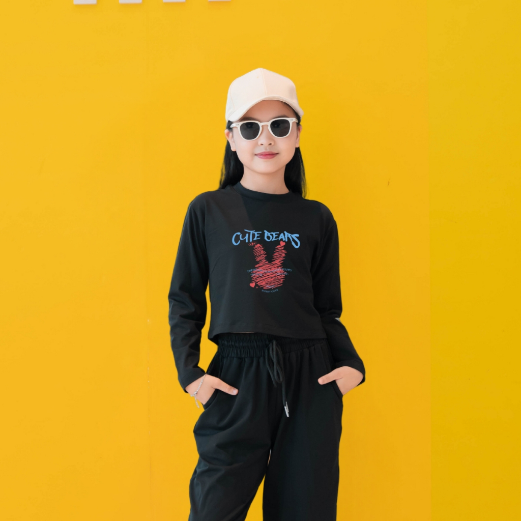 Áo croptop tay dài cho bé gái in chữ cute bears chất cotton - Áo croptop dài tay bé gái Loza Kids CG2814_thumbnail_1