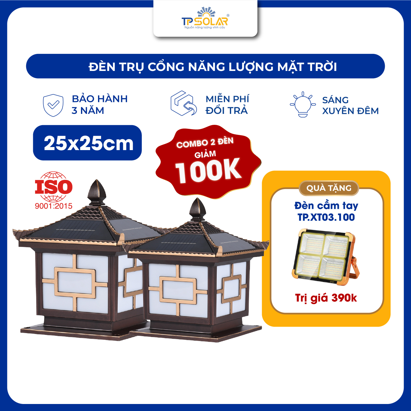 Đèn trụ cổng mái ngói nâng cấp năng lượng mặt trời (TP-TC25 / TP-TC30))