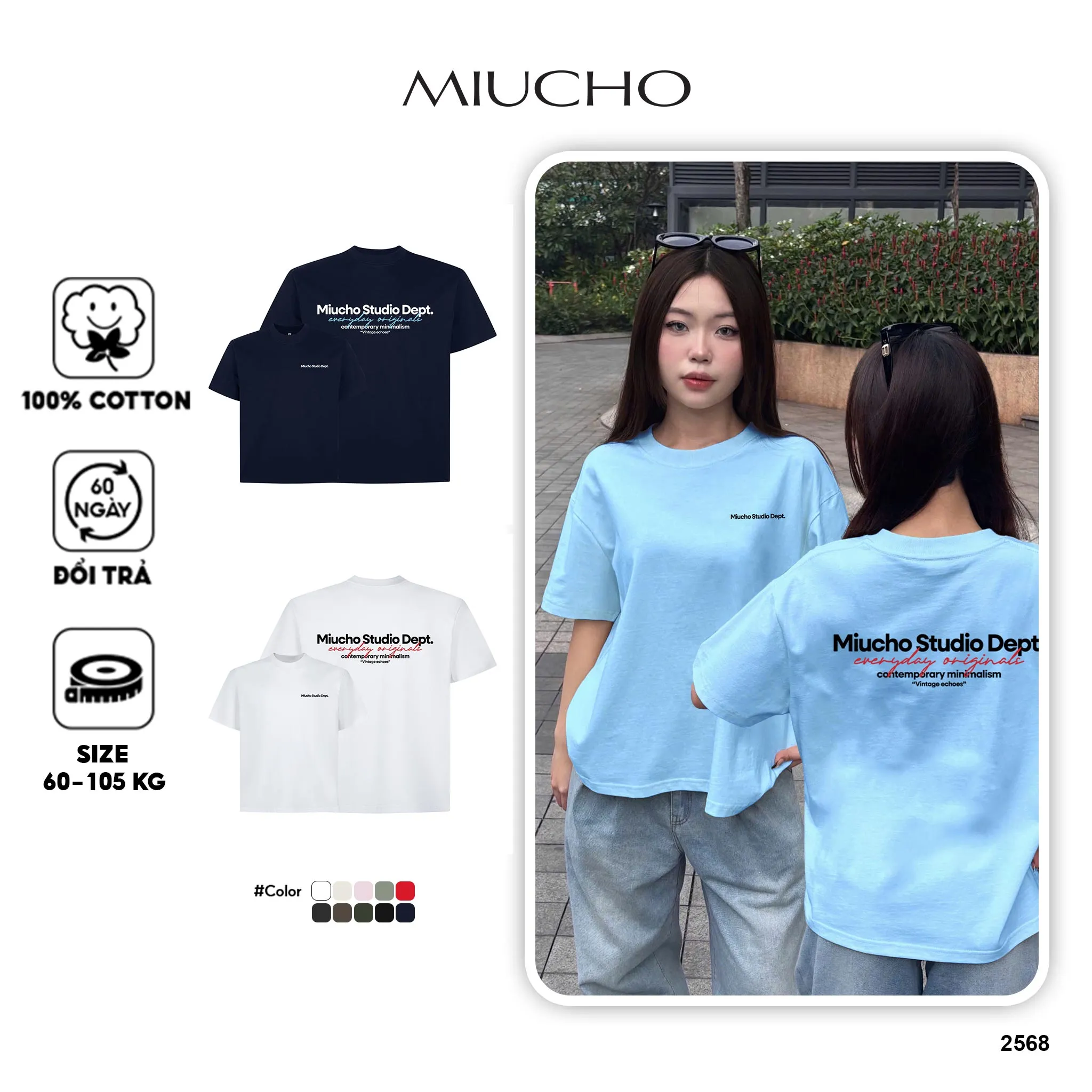 Áo thun boxy nam nữ Miucho Studio Dept 2568 vải cotton 2c thoáng mát basic nhiều màu in typography