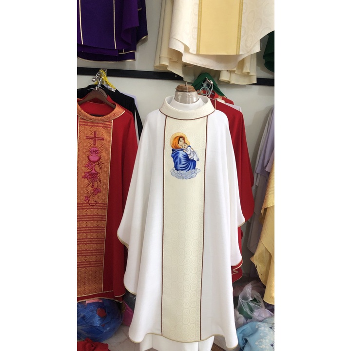 Áo Lễ Linh Mục vàng bạch kim thêu hình Đức Mẹ AL6-2 Quà tặng Lễ quan thầy, truyền chức, sinh nhật cha xứ