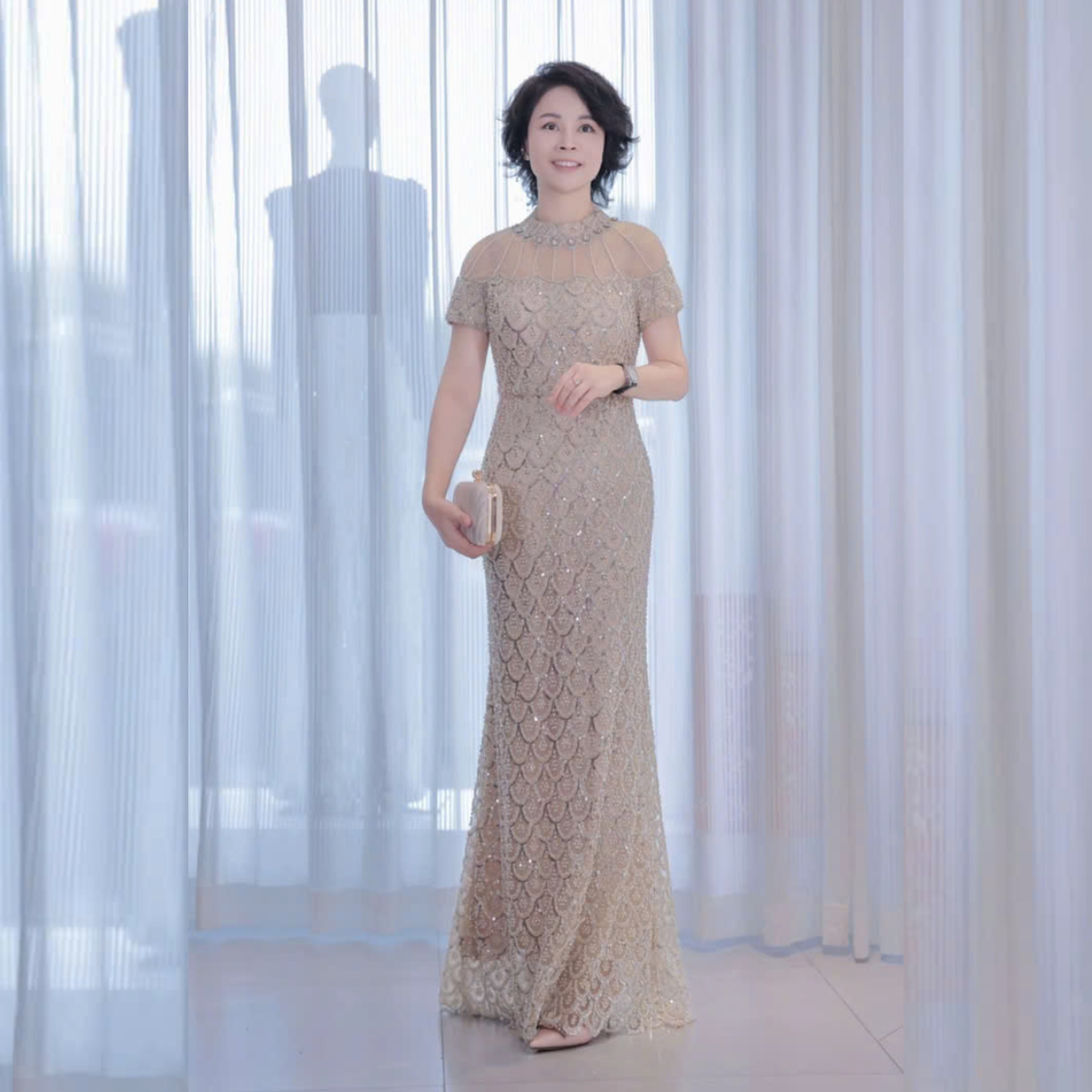 Đầm dự tiệc dạ hội kim sa đính đá cổ cao cấp